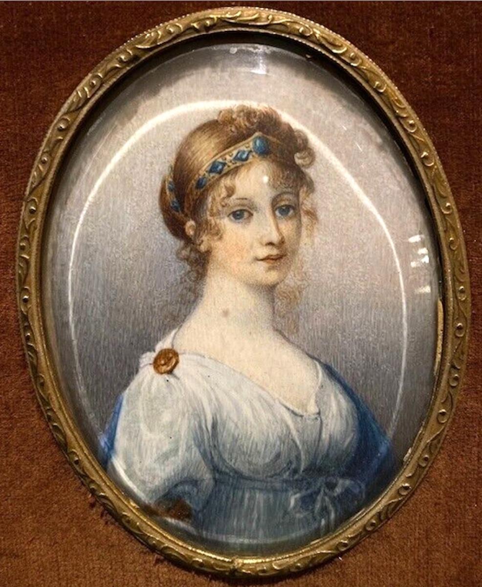 Miniature portrait of Louise of Mecklenburg-Strelitz , Queen of Prussia. Very detailed painting after J.M Grassi. Watercolours on ivory. Framed in a gilded metal frame with velvet passepartout.
