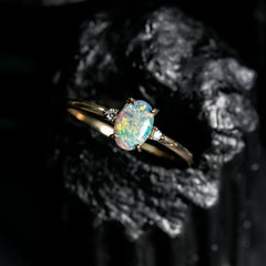 Fine Minimalist Australian Black Opal Diamond Ring 14K Yellow Gold