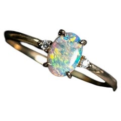Fine Minimalist Australian Black Opal Diamond Ring 14K Yellow Gold
