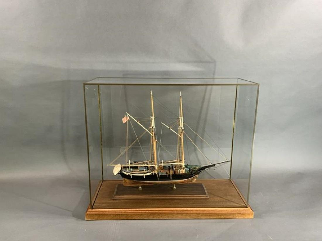 Whaleship Kate Cory of Westport, mass. Built by master modeler William Hitchcock. The hull is copper sheathed below the waterline. Deck detail includes, tryworks, whaleboats with gear, winch, cabins, etc. Very detailed. Glass case