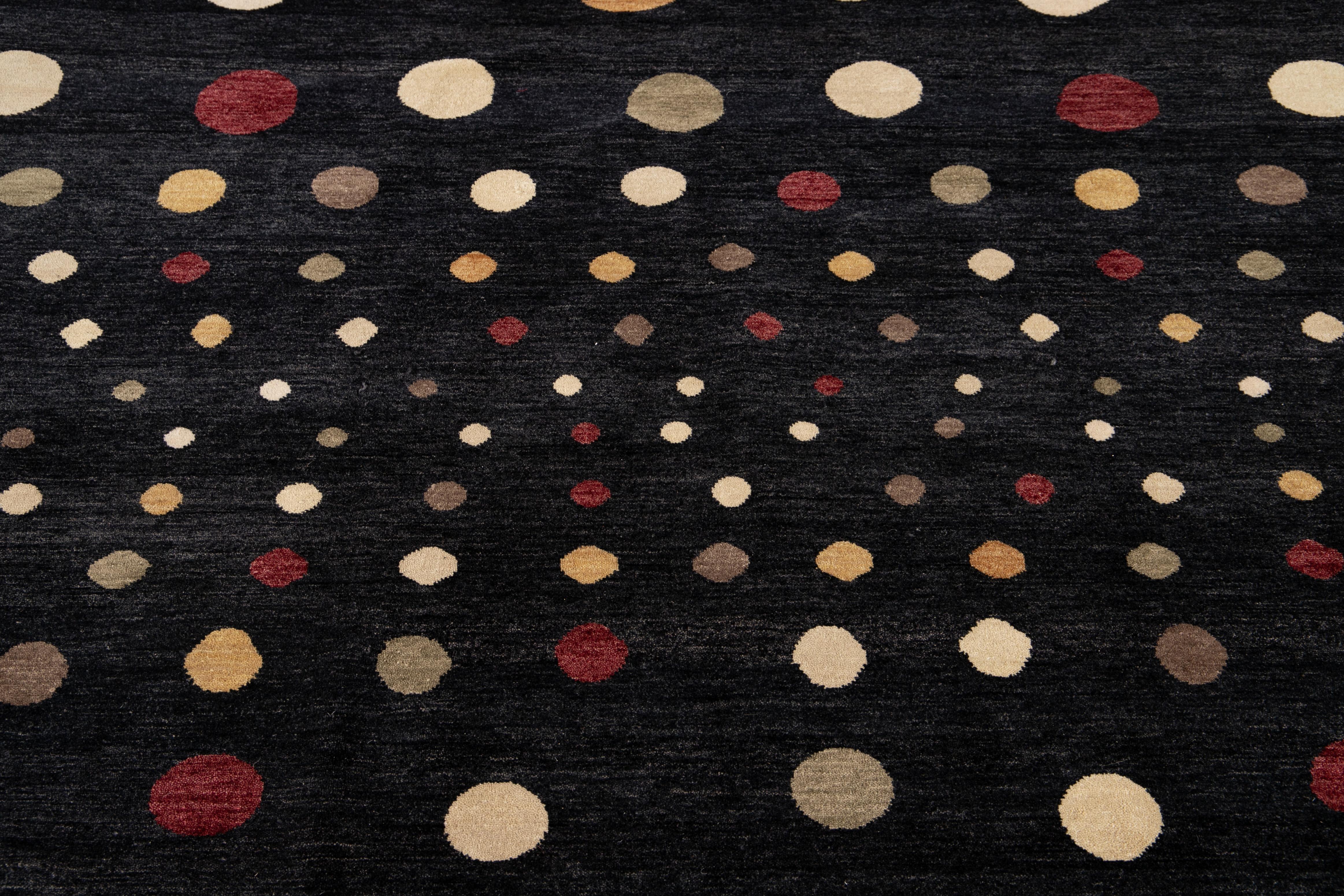 Fine Modern Black Polka Dot Handmade Wool Rug For Sale 5