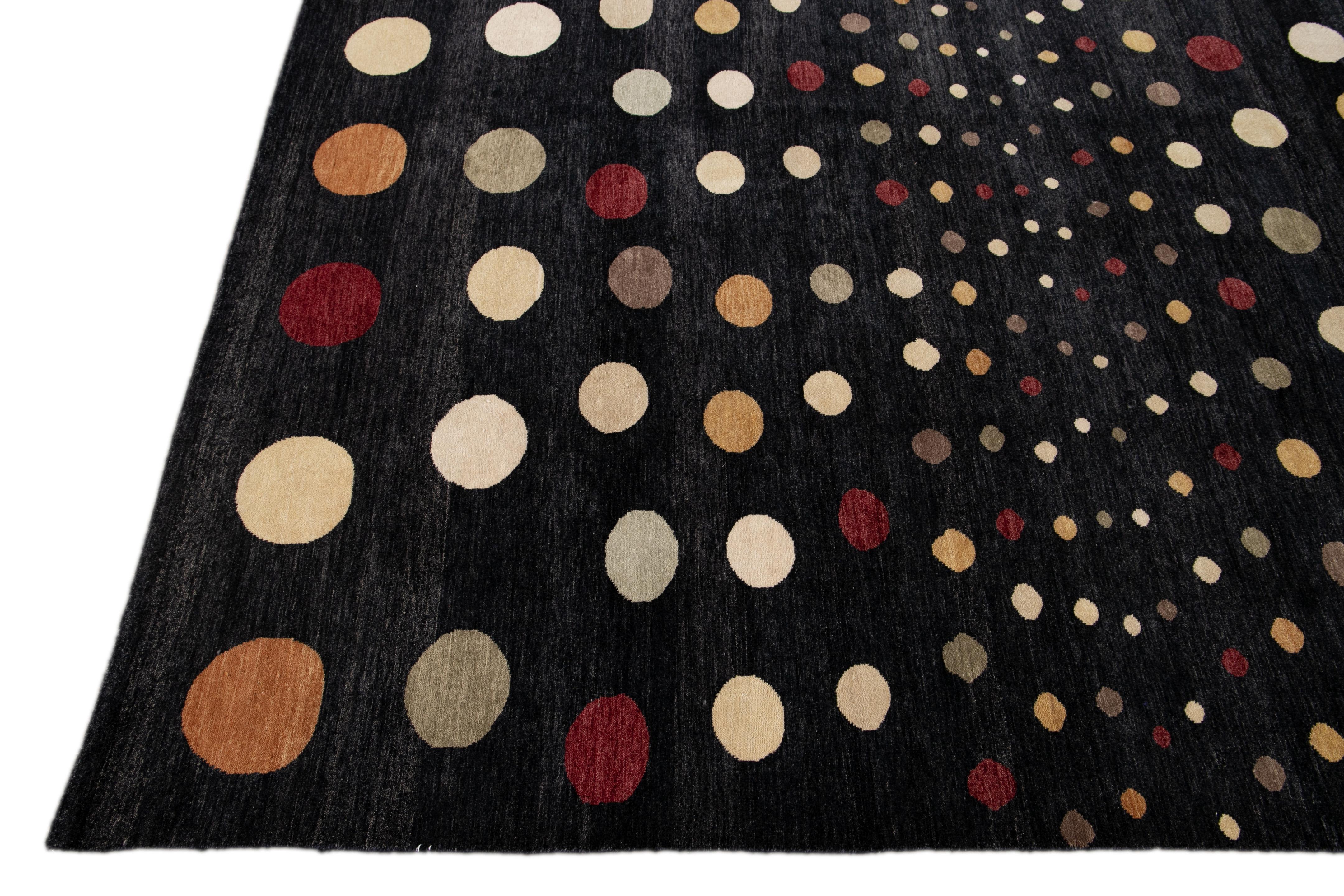 Hand-Knotted Fine Modern Black Polka Dot Handmade Wool Rug For Sale