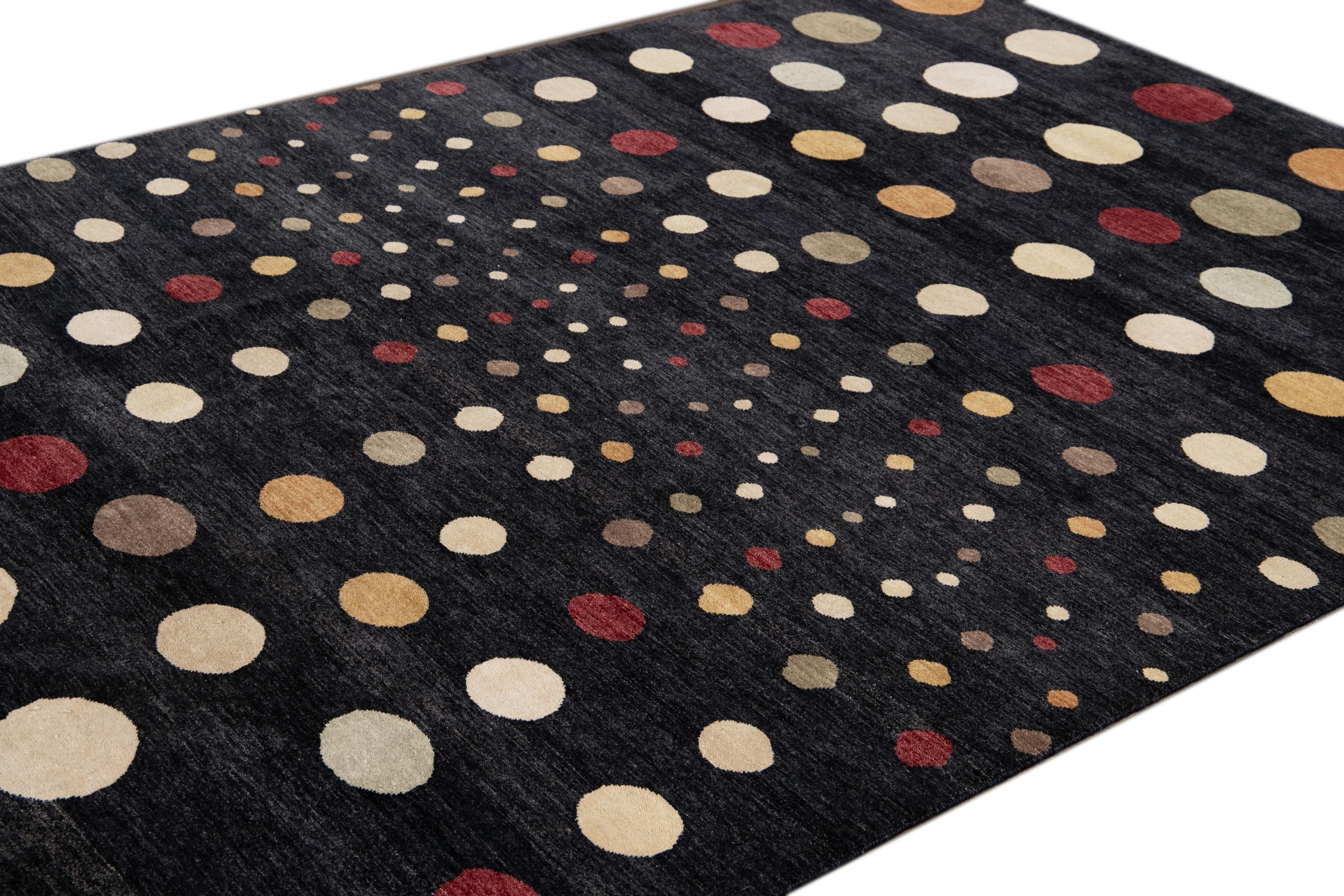 Contemporary Fine Modern Black Polka Dot Handmade Wool Rug For Sale