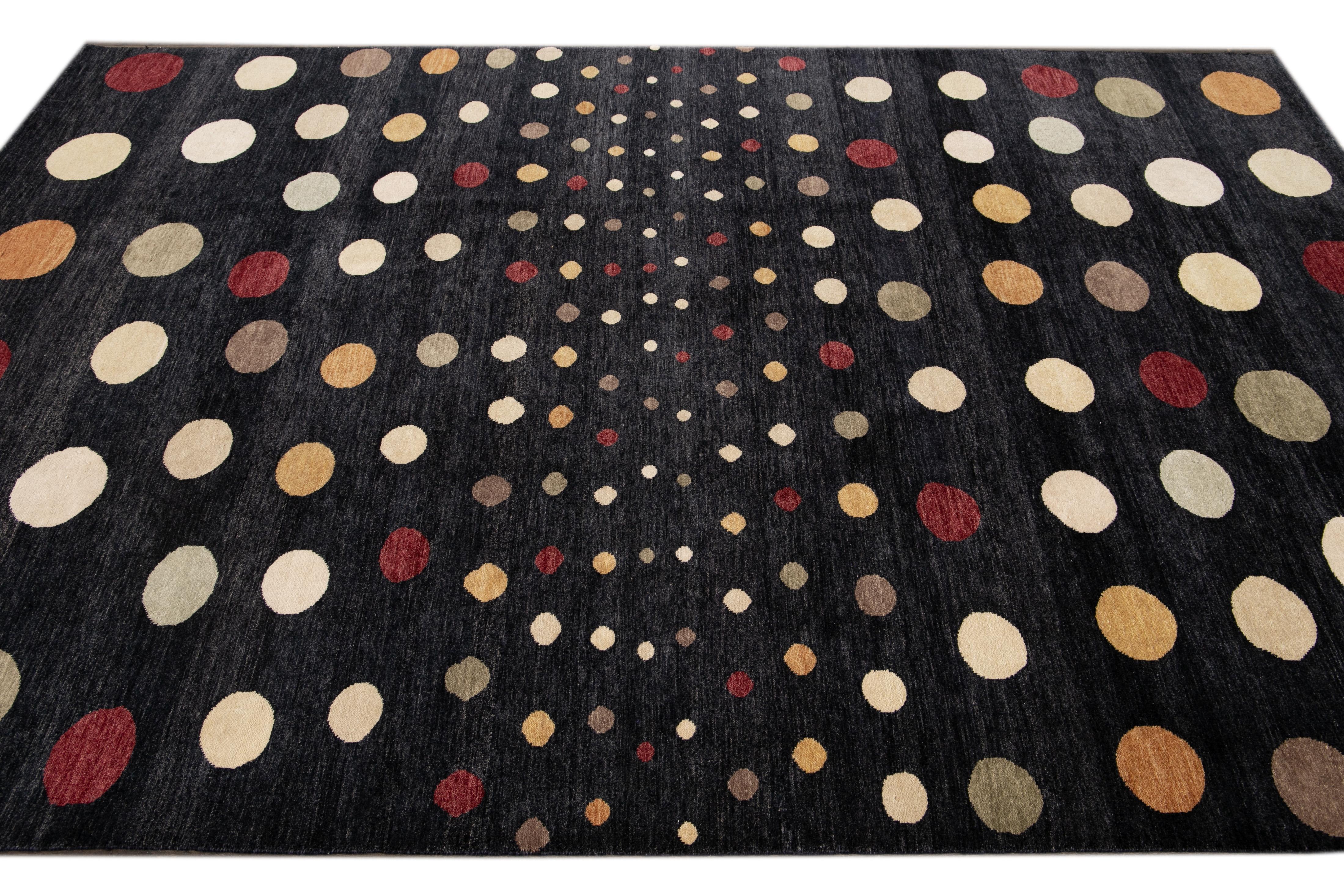 Fine Modern Black Polka Dot Handmade Wool Rug For Sale 1