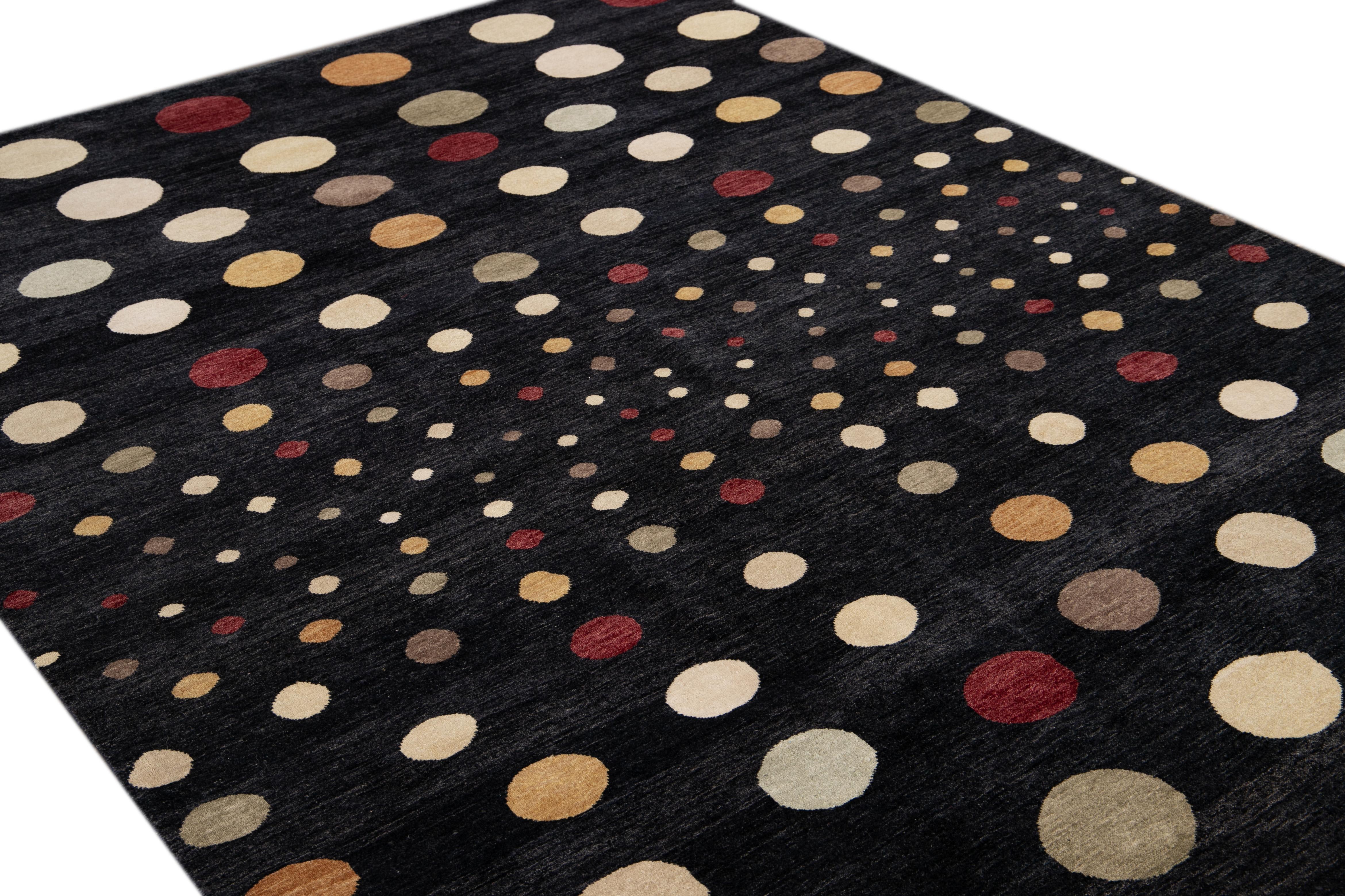 Fine Modern Black Polka Dot Handmade Wool Rug For Sale 2
