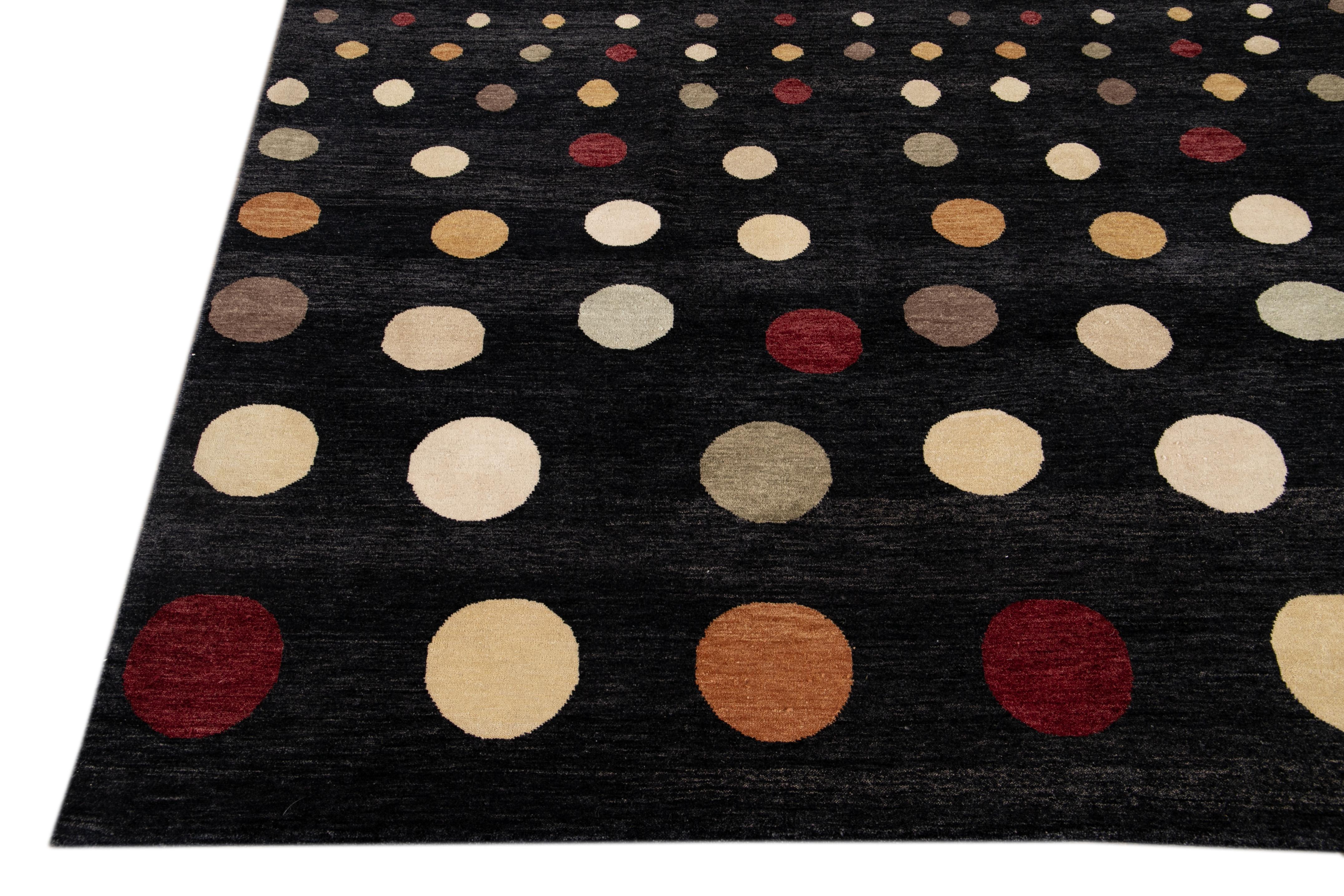 Fine Modern Black Polka Dot Handmade Wool Rug For Sale 3