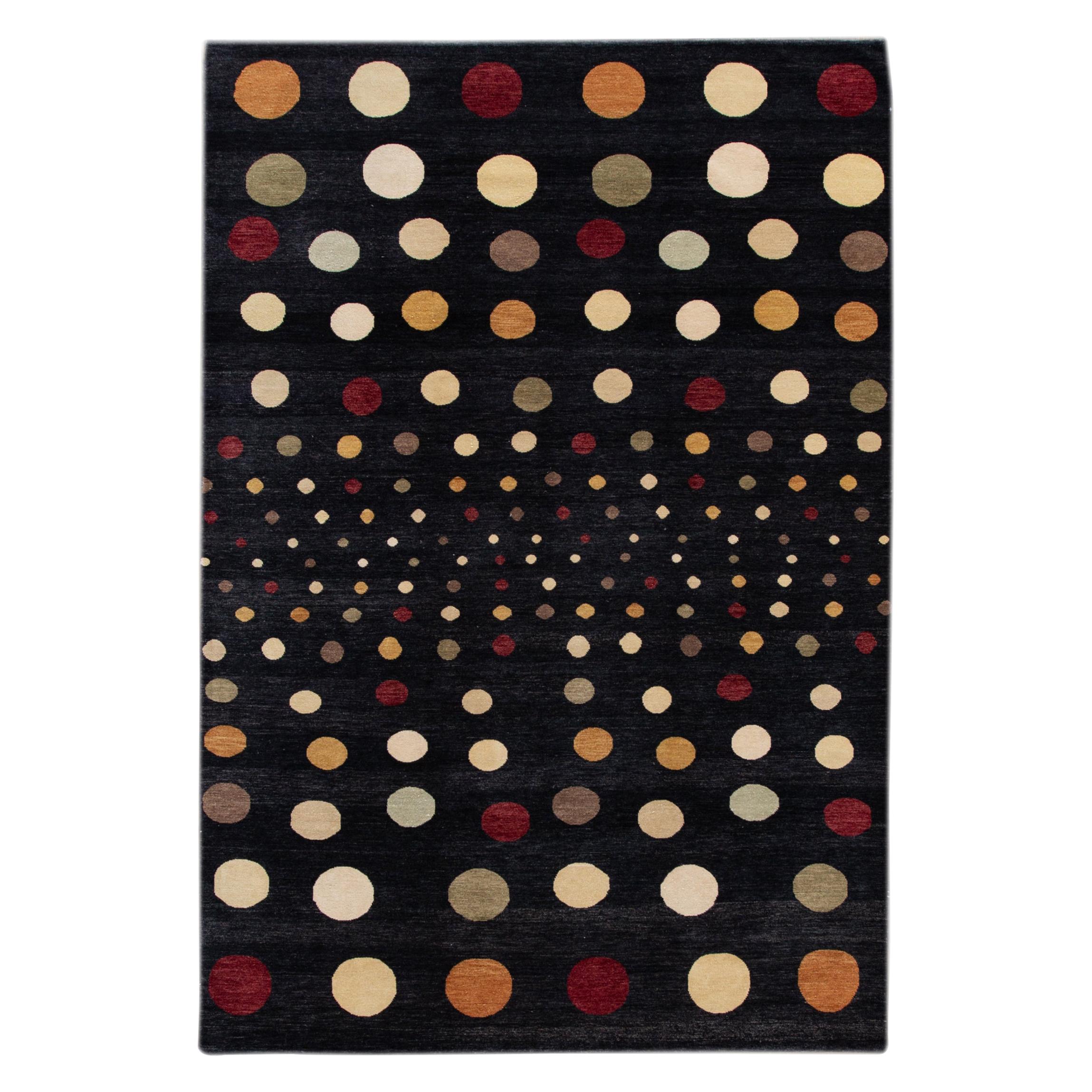 Fine Modern Black Polka Dot Handmade Wool Rug For Sale