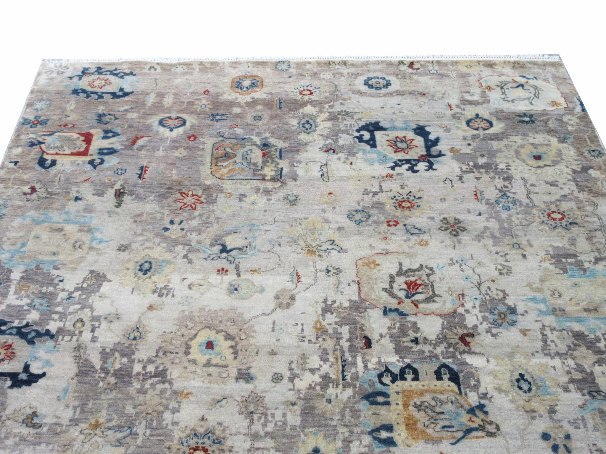 Hand-Knotted Fine Modern Distressed Rug For Sale