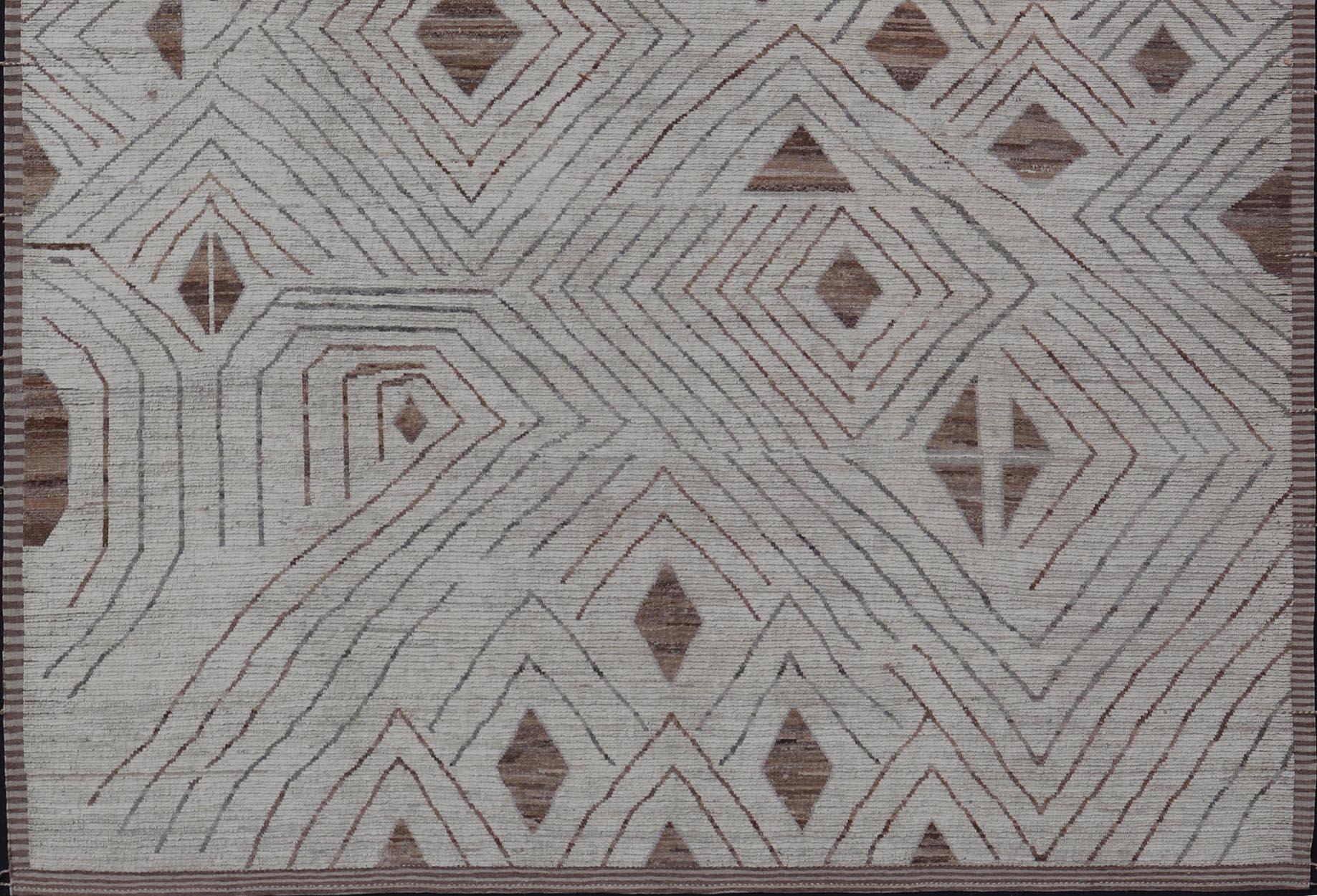 Hand-Knotted Fine Modern Rug in White & Light Brown Tones with Abstract & Geometric Design For Sale