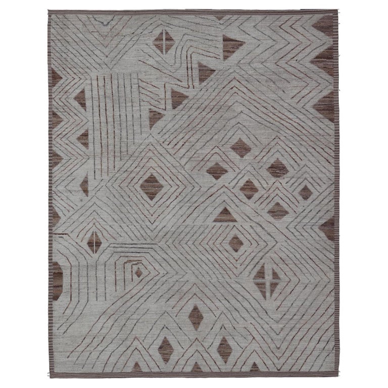 Fine Modern Rug in White and Light Brown Tones with Abstract and ...