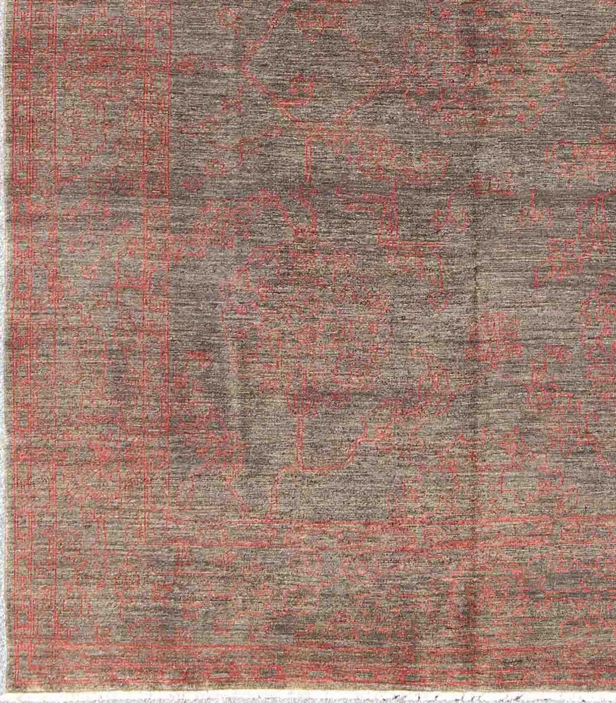 Oushak Fine Modern Rug with Transitional Design in Charcoal and Red