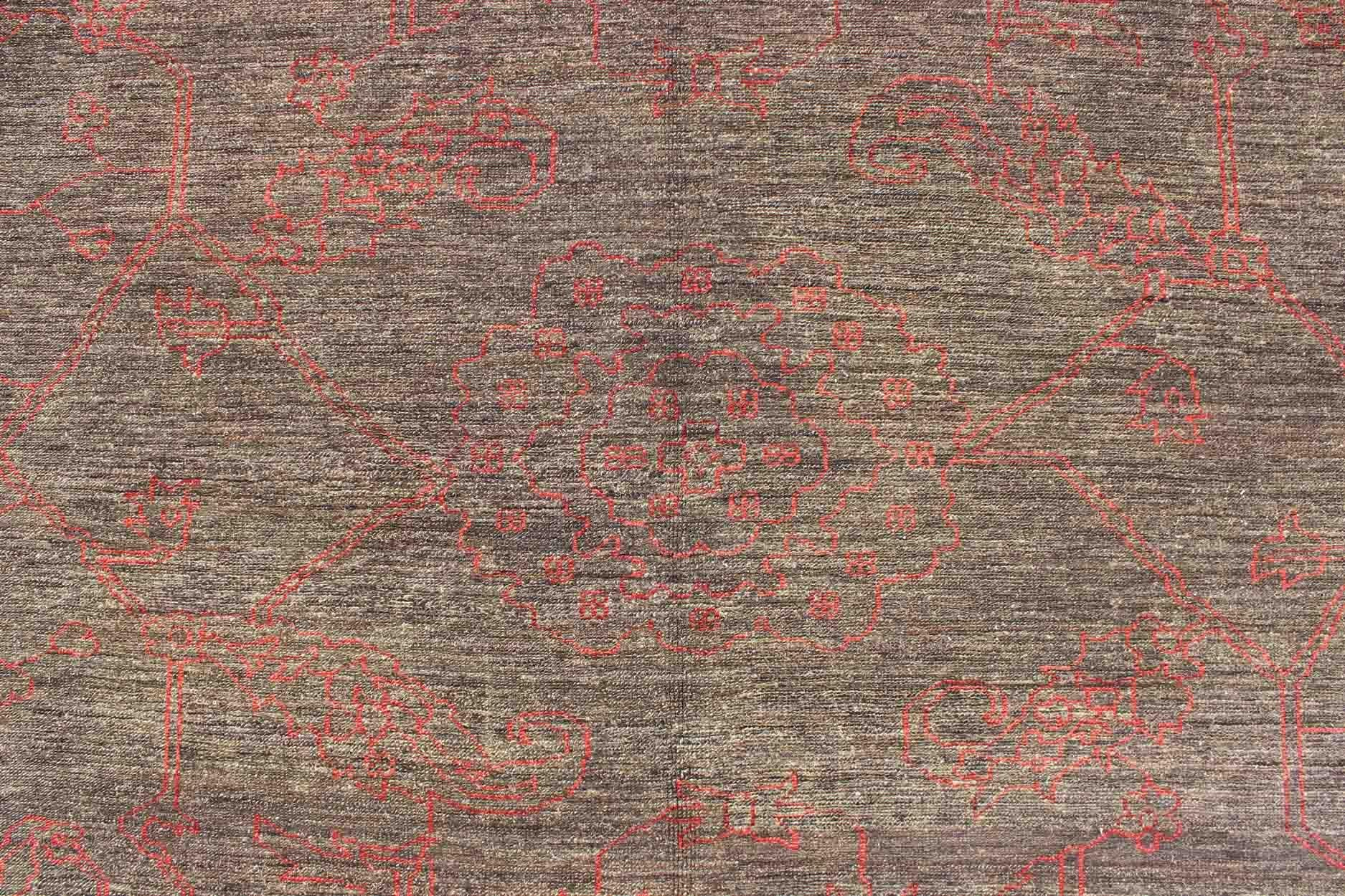 Contemporary Fine Modern Rug with Transitional Design in Charcoal and Red