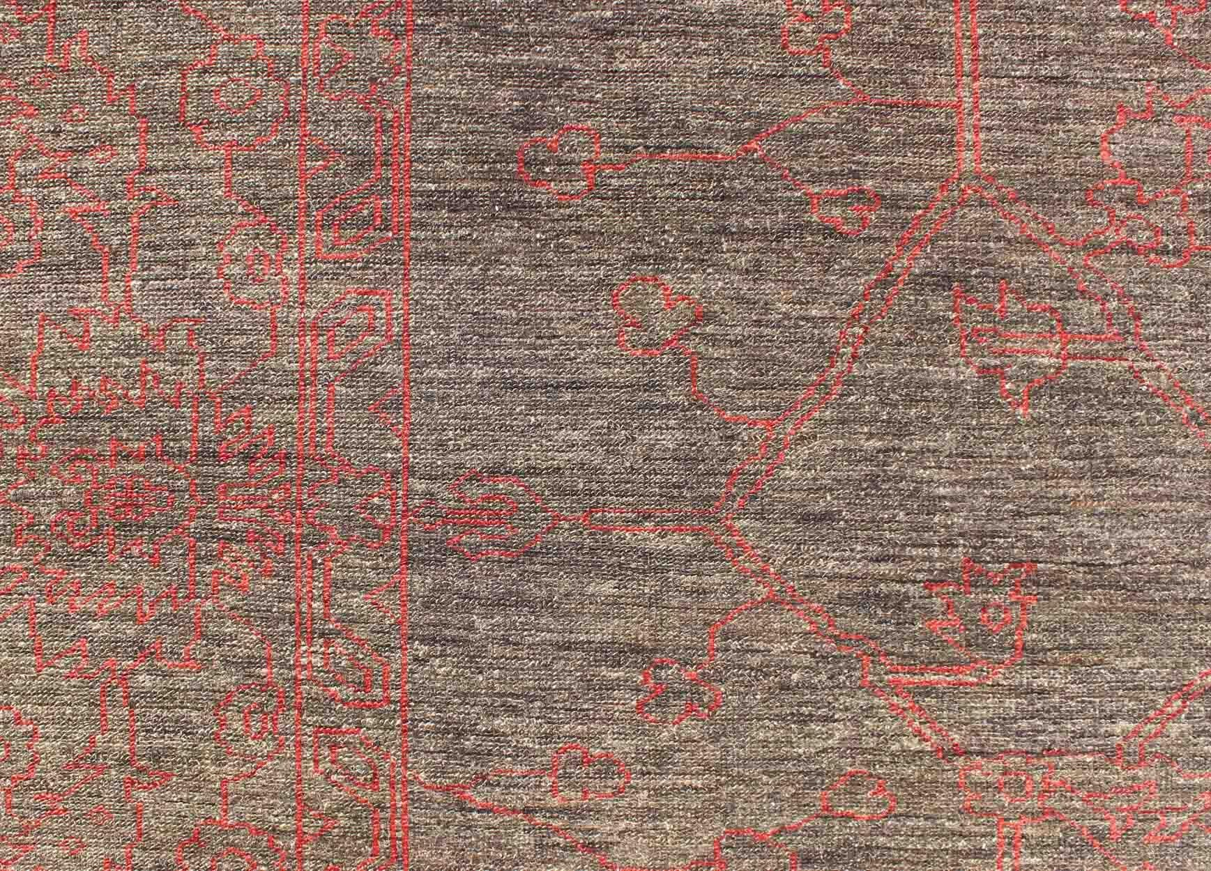 Fine Modern Rug with Transitional Design in Charcoal and Red 1