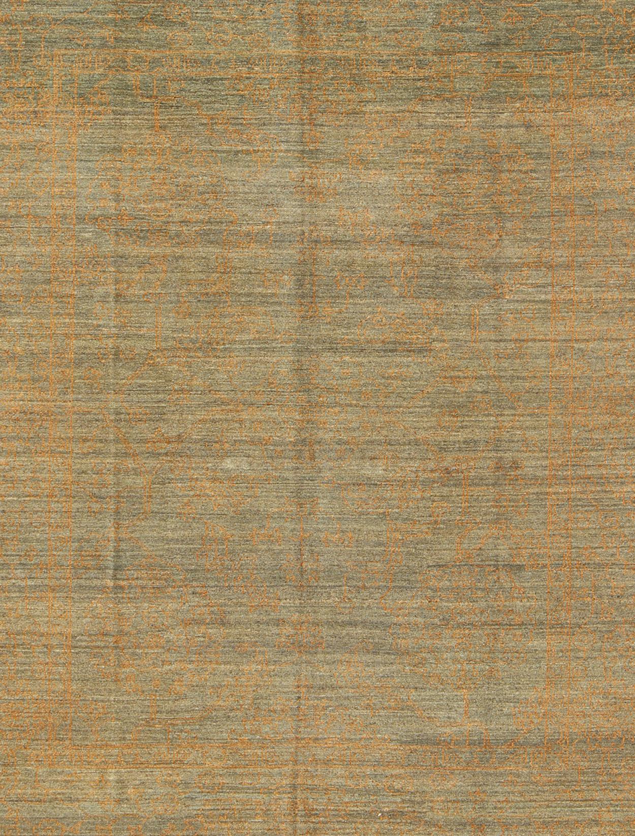 Hand-Knotted Fine Modern Rug with Transitional Design in Gray Green & Goldish Orange For Sale