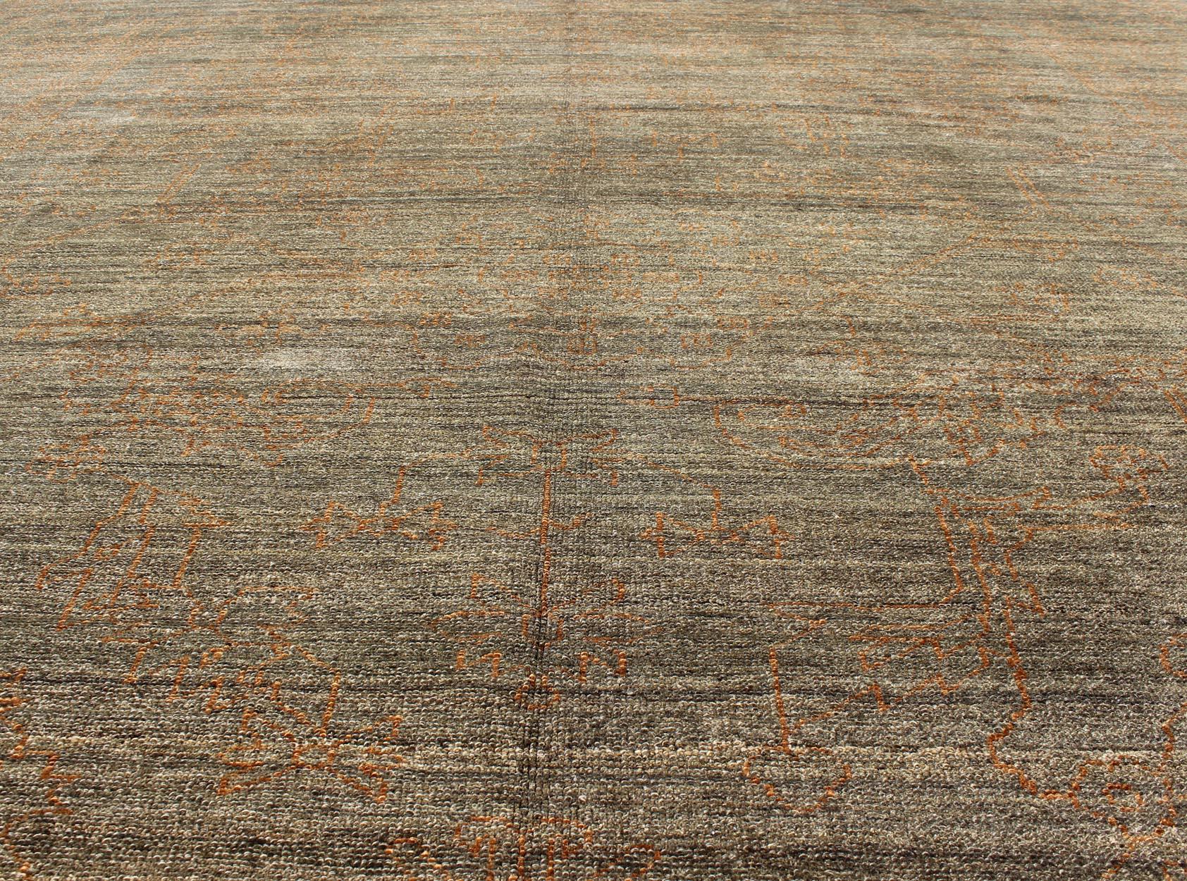 Fine Modern Rug with Transitional Design in Gray Green & Goldish Orange In Excellent Condition For Sale In Atlanta, GA