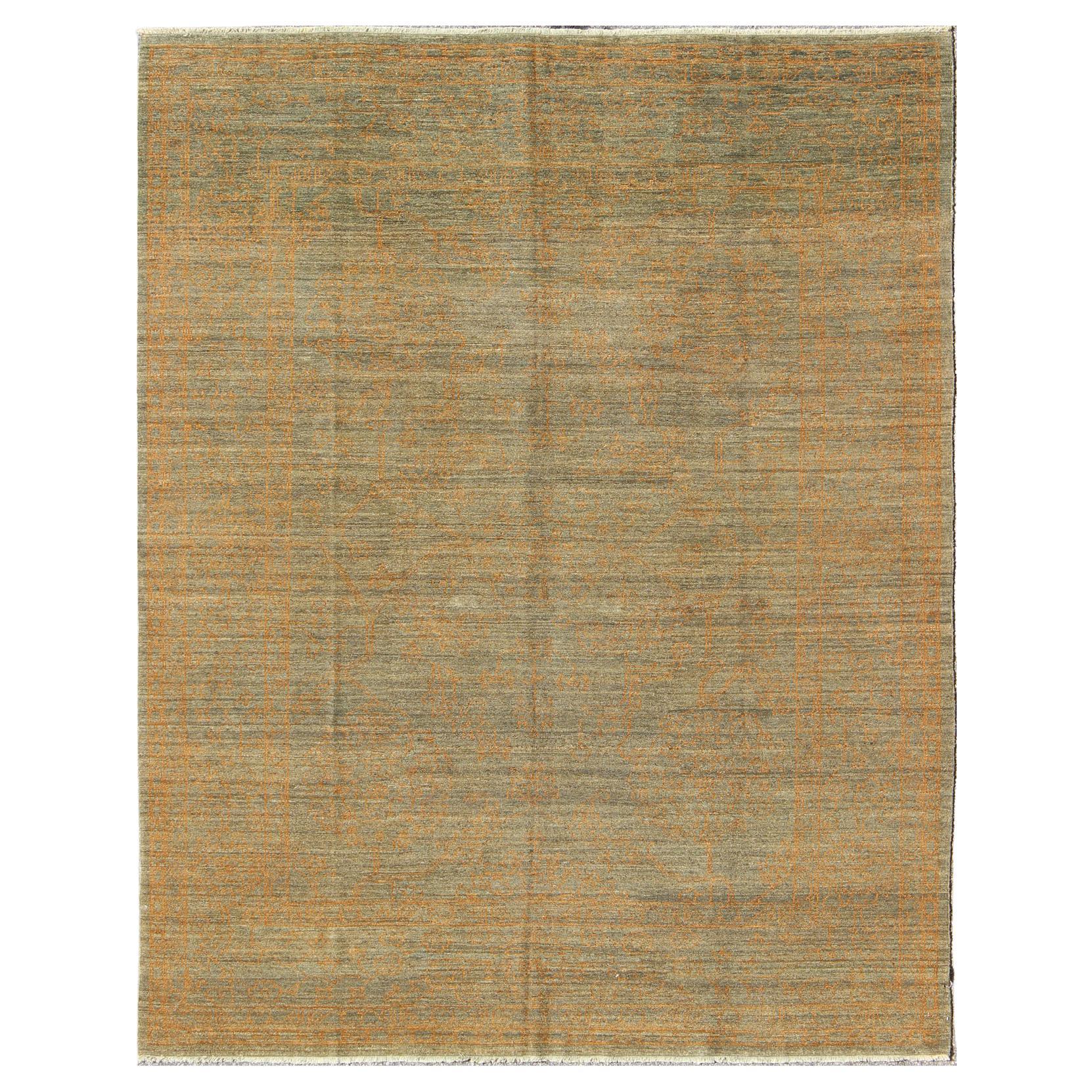 Fine Modern Rug with Transitional Design in Gray Green & Goldish Orange For Sale