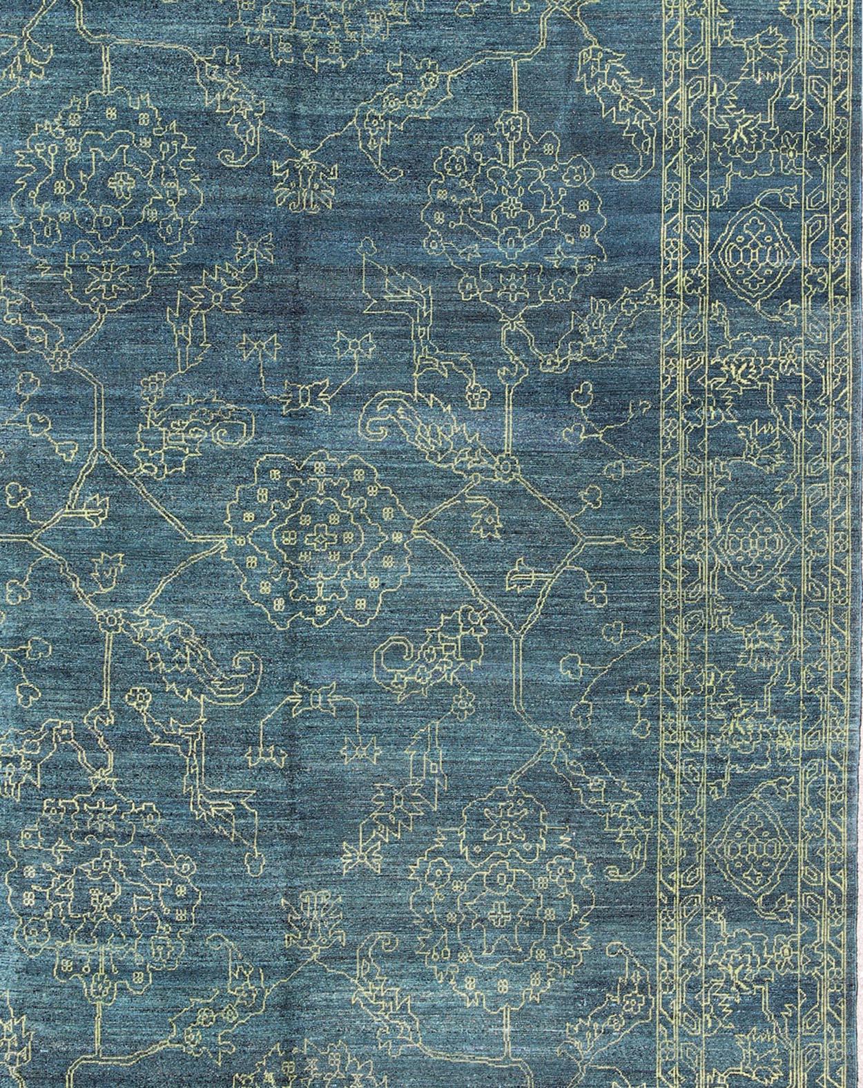 Modern rug with Transitional design, rug AN-118153, country of origin / type: Turkey / Modern, circa Early-21st century.

This finely hand knotted transitional design rug features a beautiful floral design rendered in teal blue and lime green