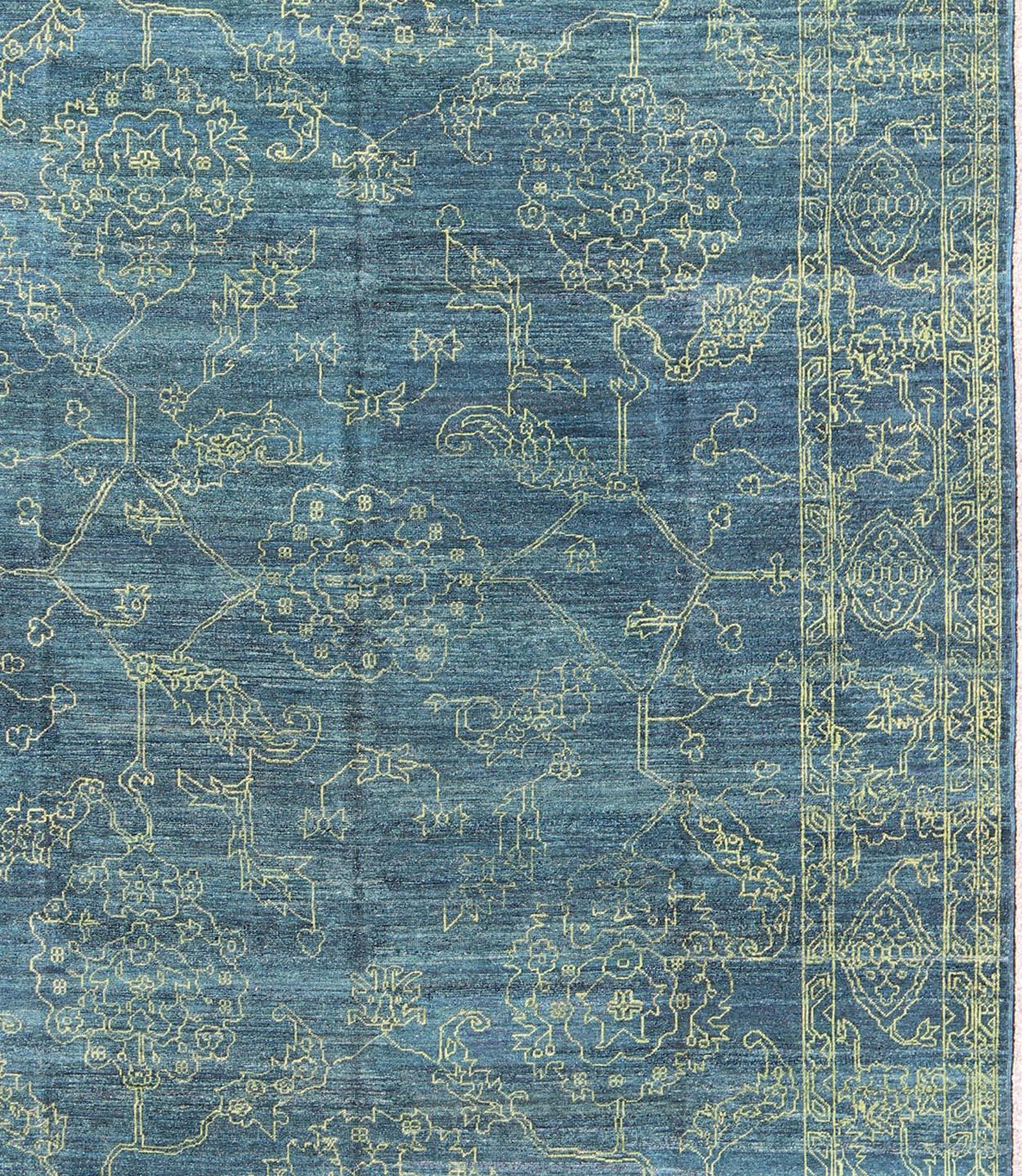 Modern rug with Transitional Design, rug AN-118152, country of origin / type: Turkey / Modern, circa Early-21st Century.

Measures: 9'0 x 11'11.

This finely hand knotted transitional design rug features a beautiful floral design rendered in