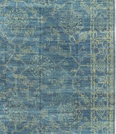 Fine Modern Rug with Transitional Design in Teal Blue and Lime Green