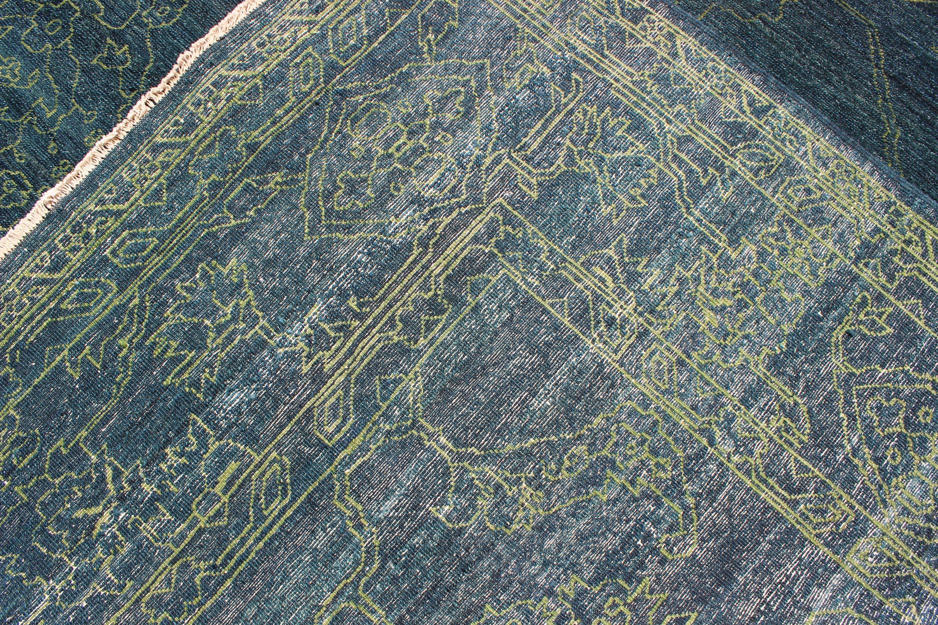 Turkish Fine Modern Rug with Transitional Design in Teal Blue and Lime Green For Sale