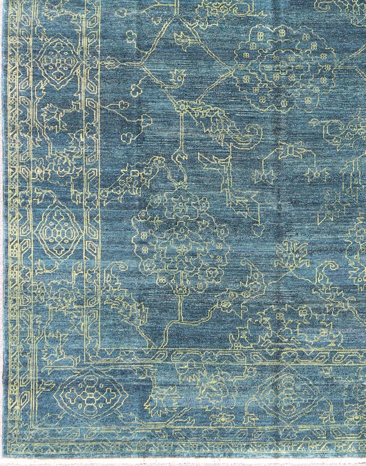 Hand-Knotted Fine Modern Rug with Transitional Design in Teal Blue and Lime Green For Sale