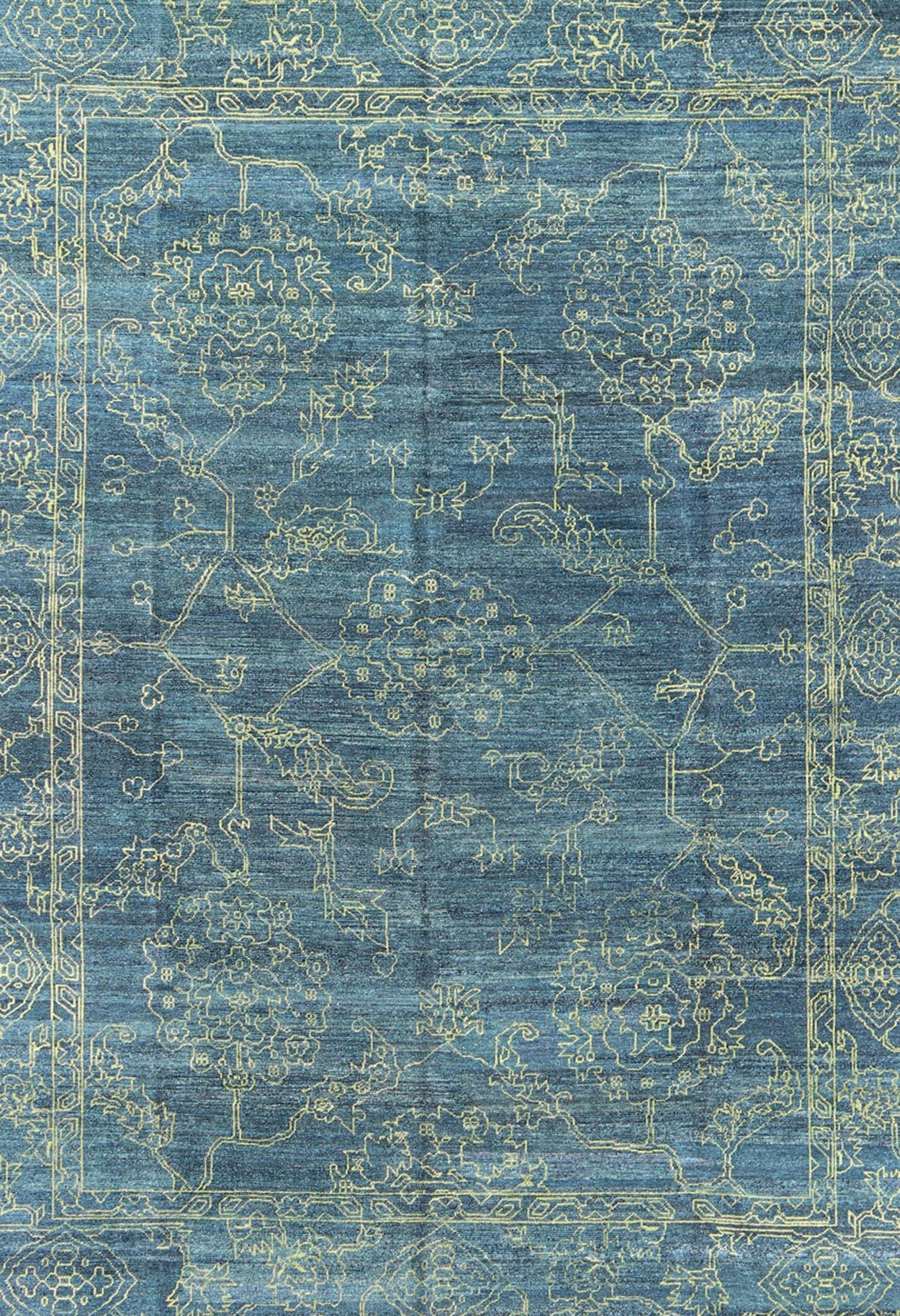 Annodato a mano Tappeto moderno e raffinato con design di transizione in blu teal e verde lime in vendita