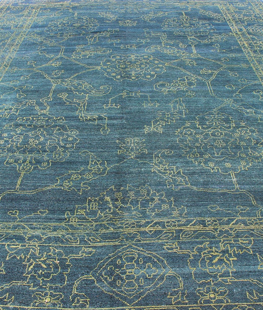 Hand-Knotted Fine Modern Rug with Transitional Design in Teal Blue and Lime Green For Sale