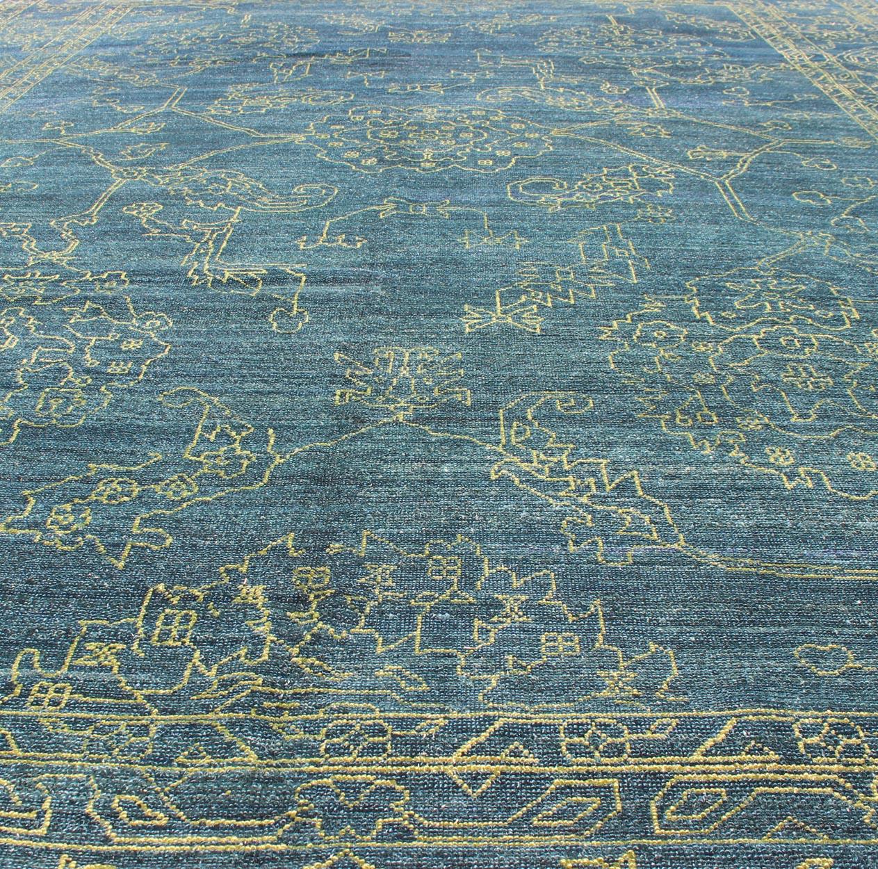 Fine Modern Rug with Transitional Design in Teal Blue and Lime Green In Excellent Condition For Sale In Atlanta, GA