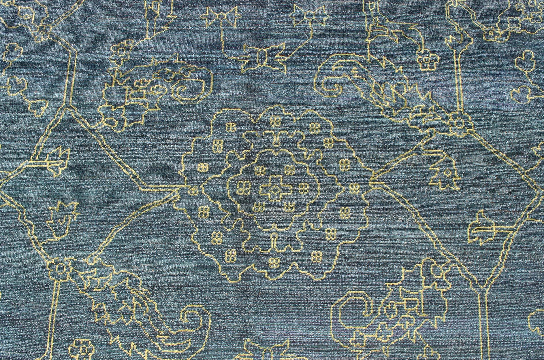 Contemporary Fine Modern Rug with Transitional Design in Teal Blue and Lime Green For Sale
