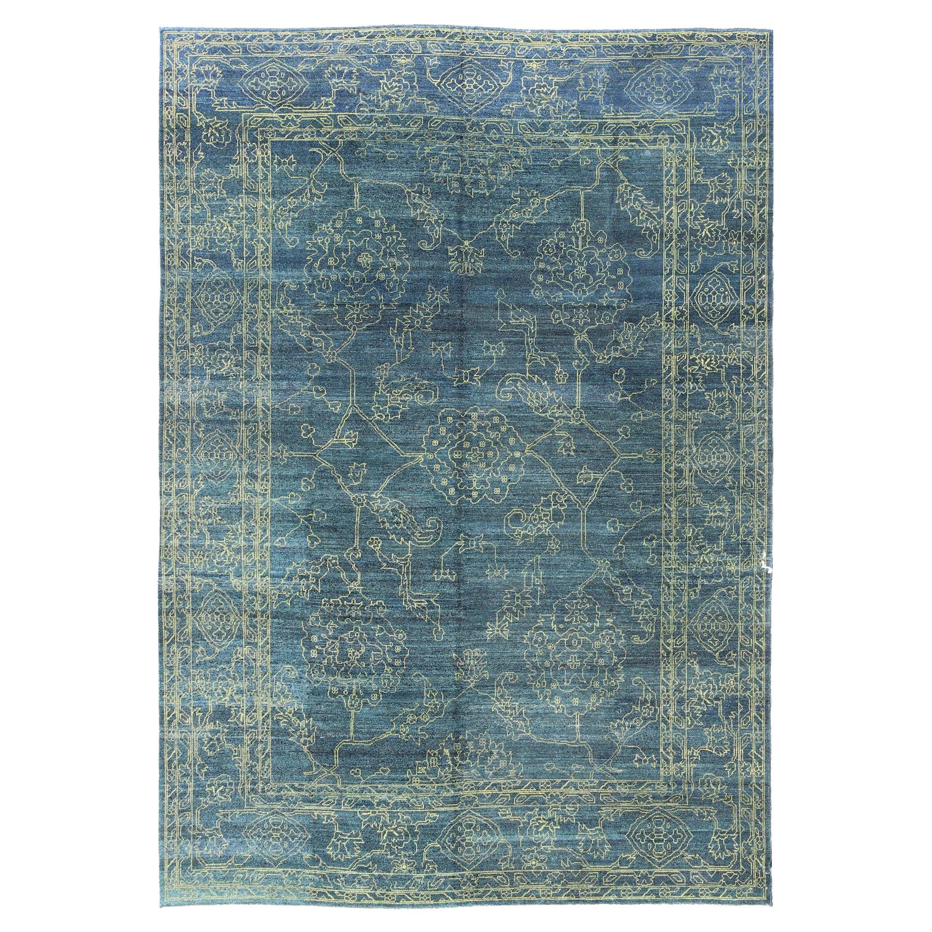 Fine Modern Rug with Transitional Design in Teal Blue and Lime Green For Sale