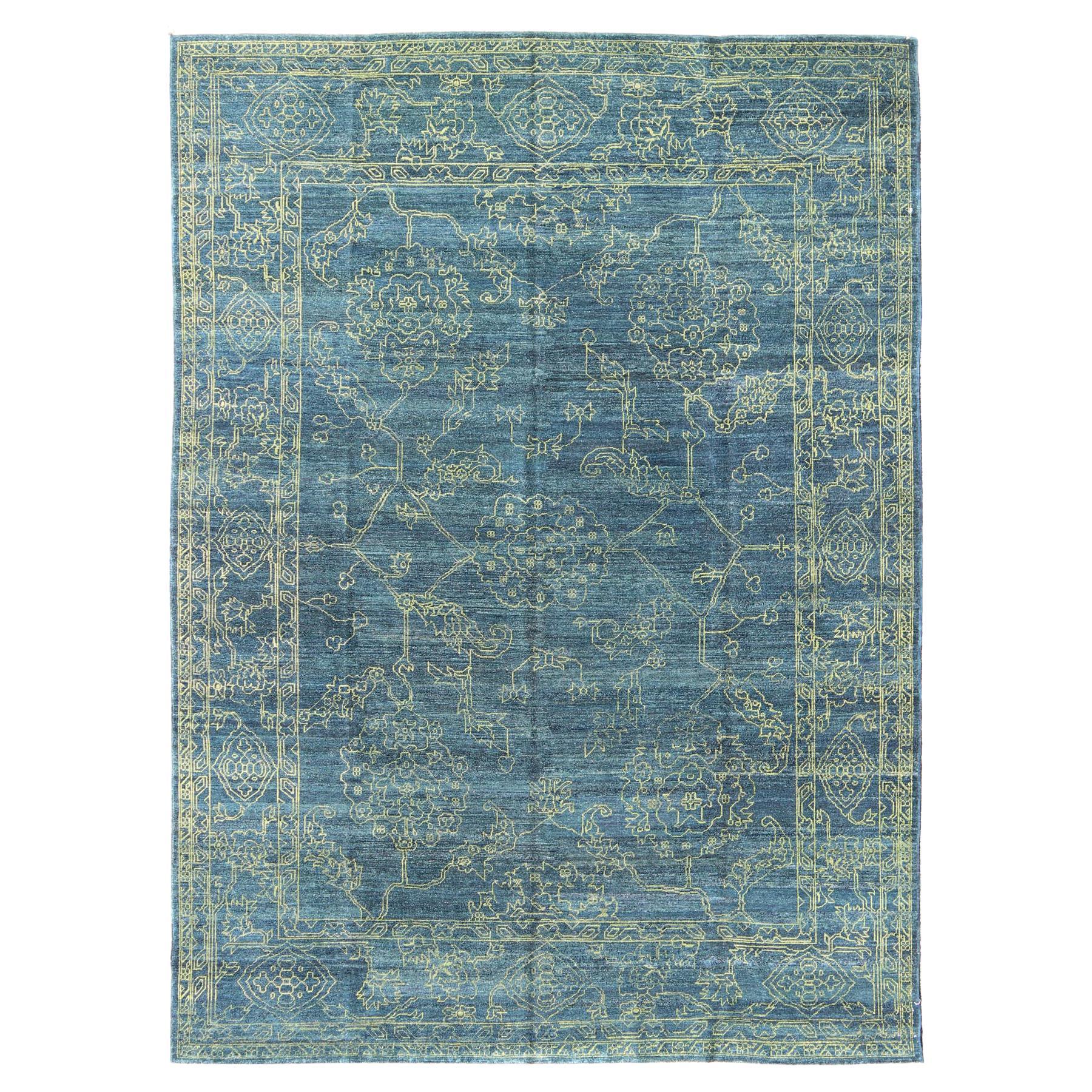 Fine Modern Rug with Transitional Design in Teal Blue and Lime Green For Sale