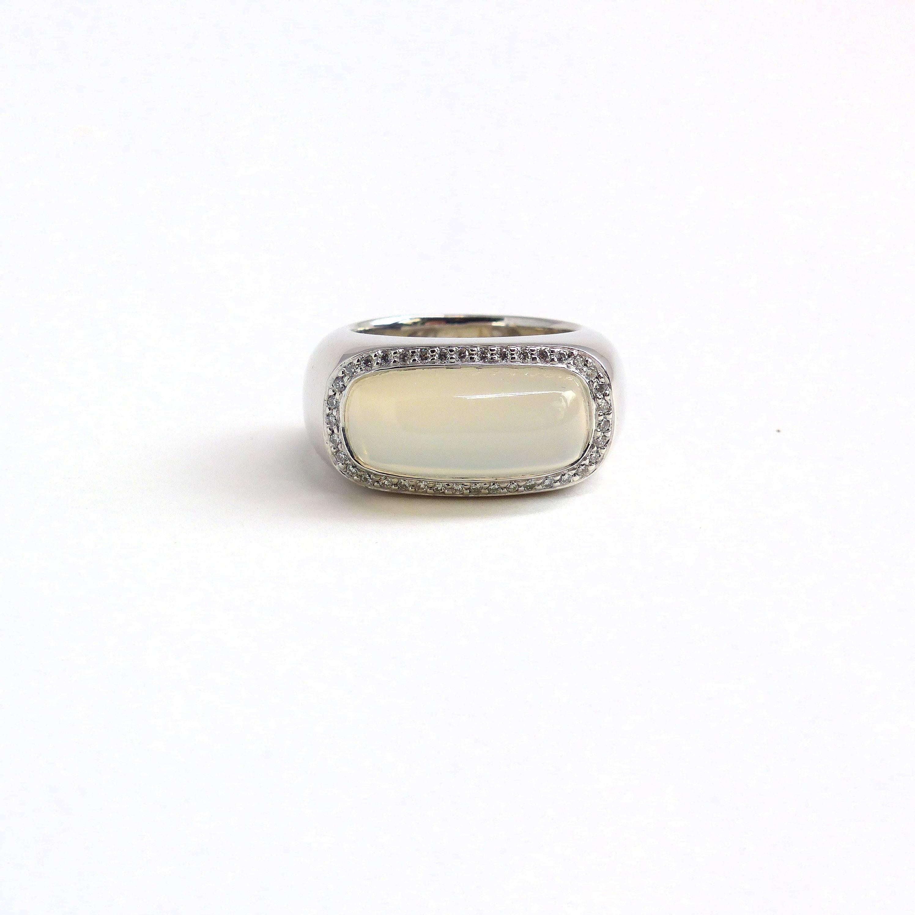 Cabochon Ring in White Gold with 1 Moonstone Cushion Shape and Diamonds. For Sale