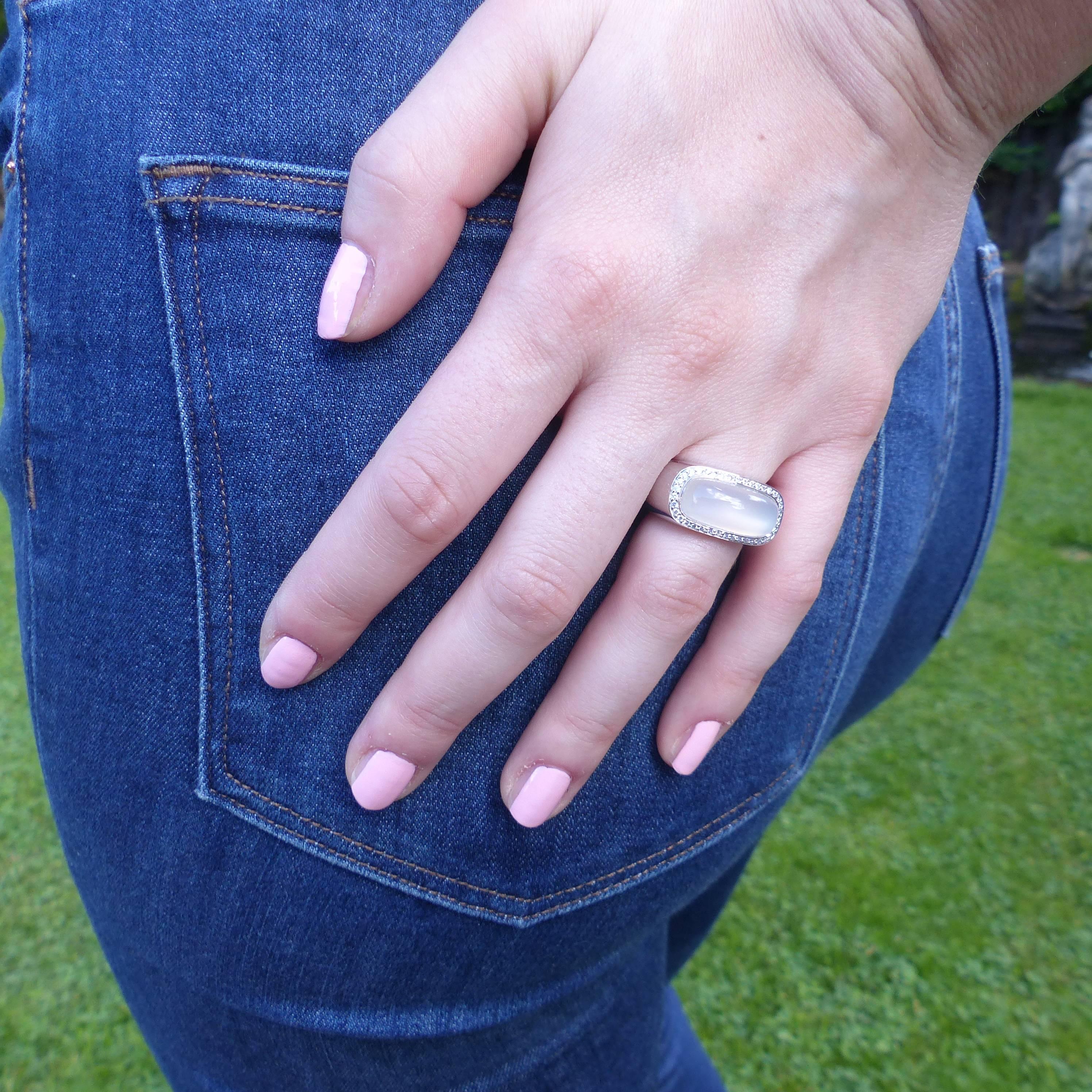 Women's Ring in White Gold with 1 Moonstone Cushion Shape and Diamonds. For Sale