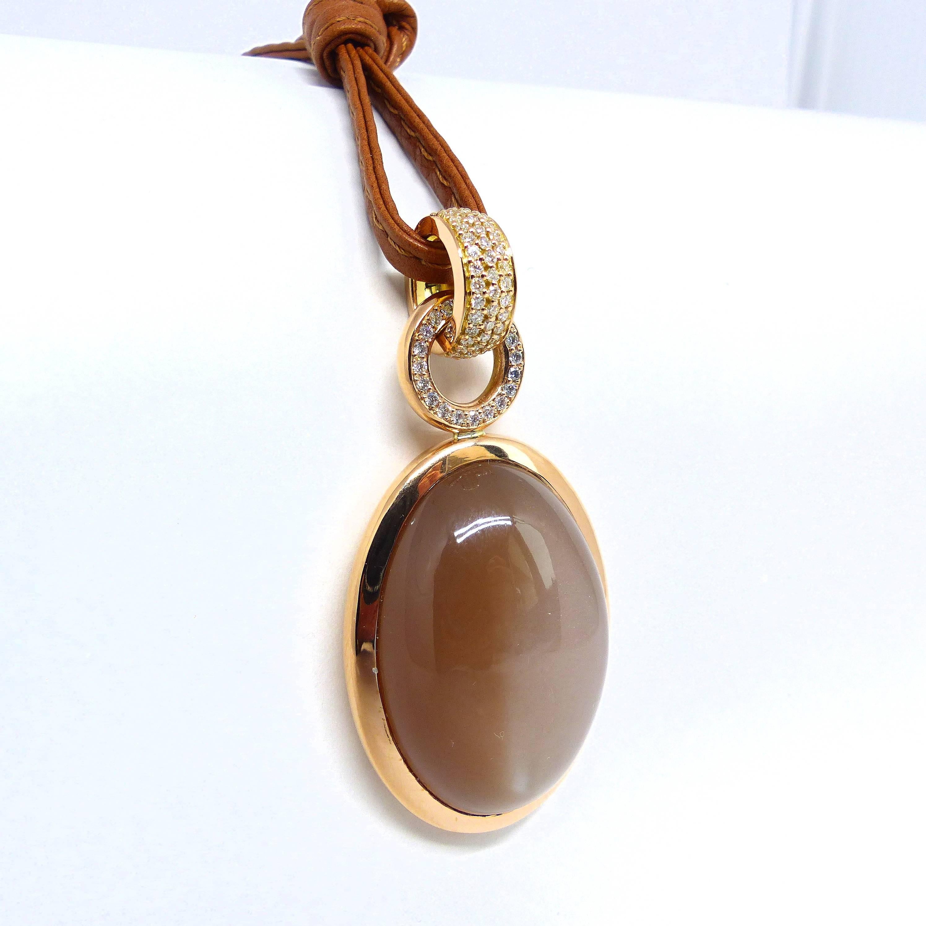 Contemporary Fine brown Moonstone Diamond 18k Red Gold Pendant Necklace with leather band