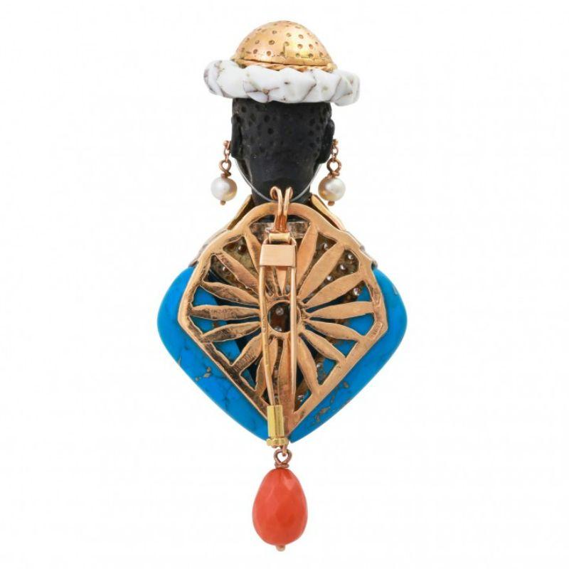 Brilliant Cut Fine Moretto Brooch, Especially with Turquoise, Coral and Diamond Octagon For Sale