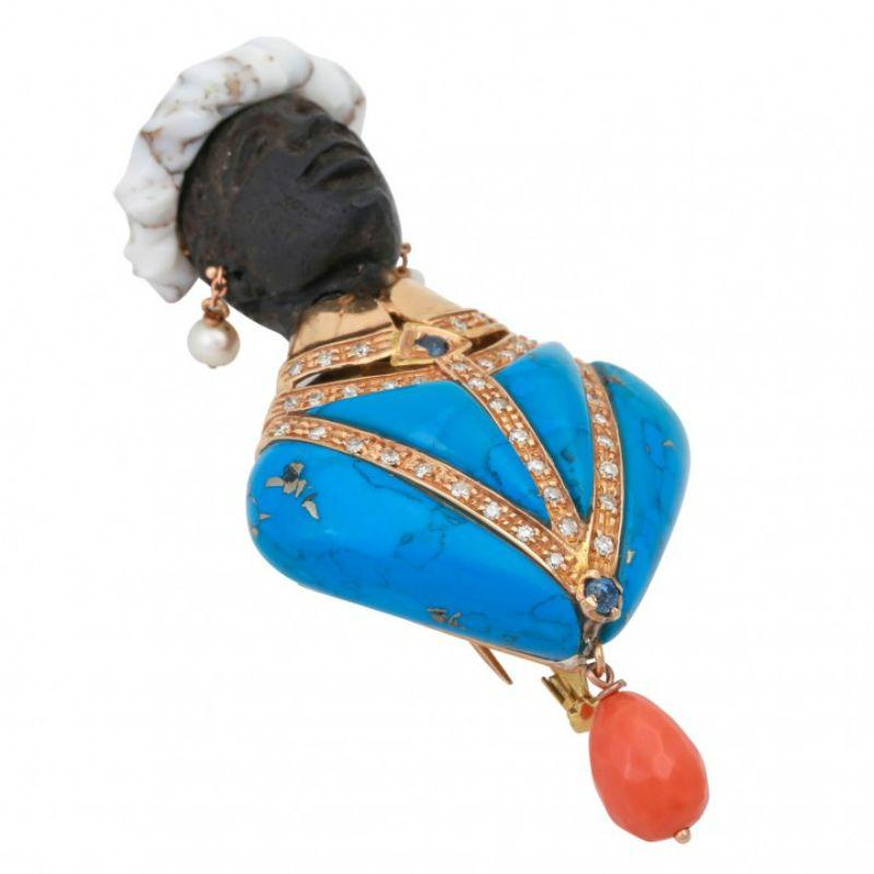 Fine Moretto Brooch, Especially with Turquoise, Coral and Diamond Octagon In Good Condition For Sale In Stuttgart, BW