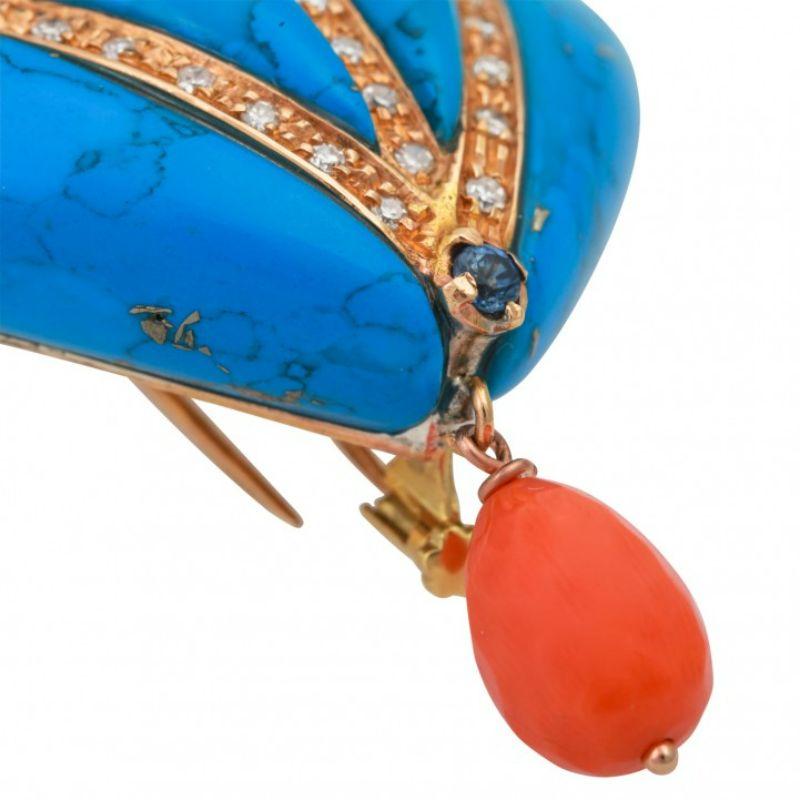 Women's Fine Moretto Brooch, Especially with Turquoise, Coral and Diamond Octagon For Sale