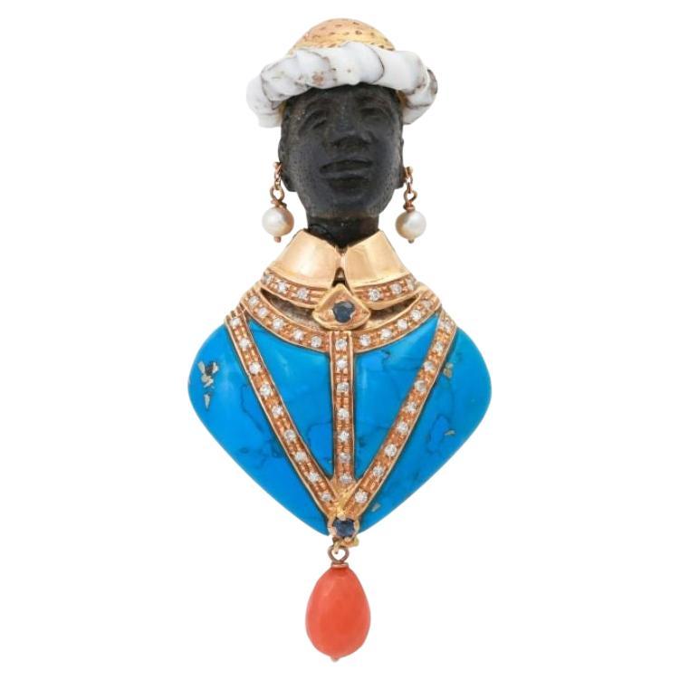 Fine Moretto Brooch, Especially with Turquoise, Coral and Diamond Octagon For Sale