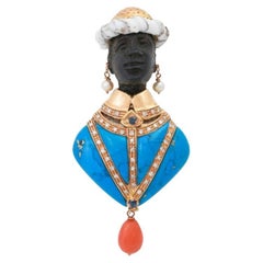 Fine Moretto Brooch, Especially with Turquoise, Coral and Diamond Octagon