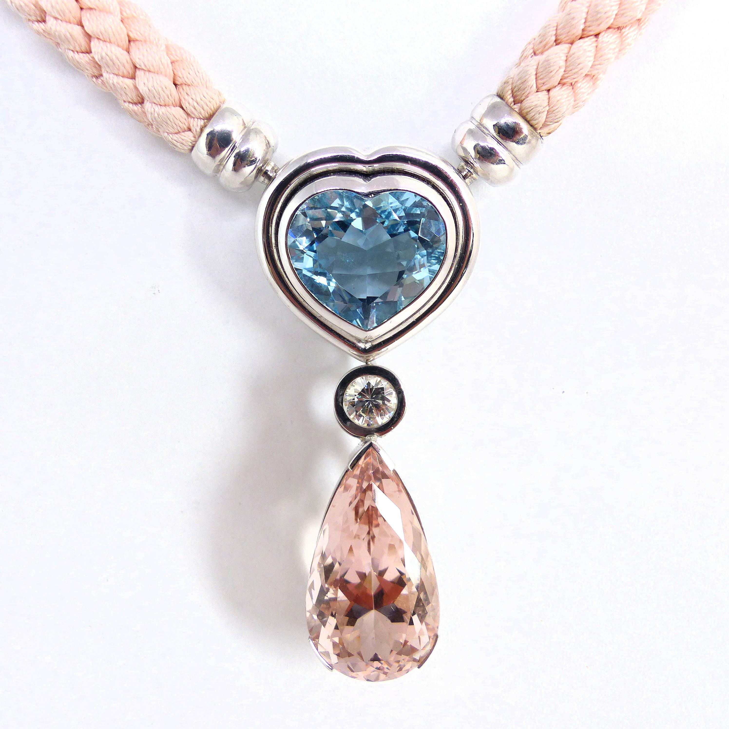 Heart Cut Necklace in White Gold with 1 Morganite and 1 Aquamarine and 1 Diamond. For Sale
