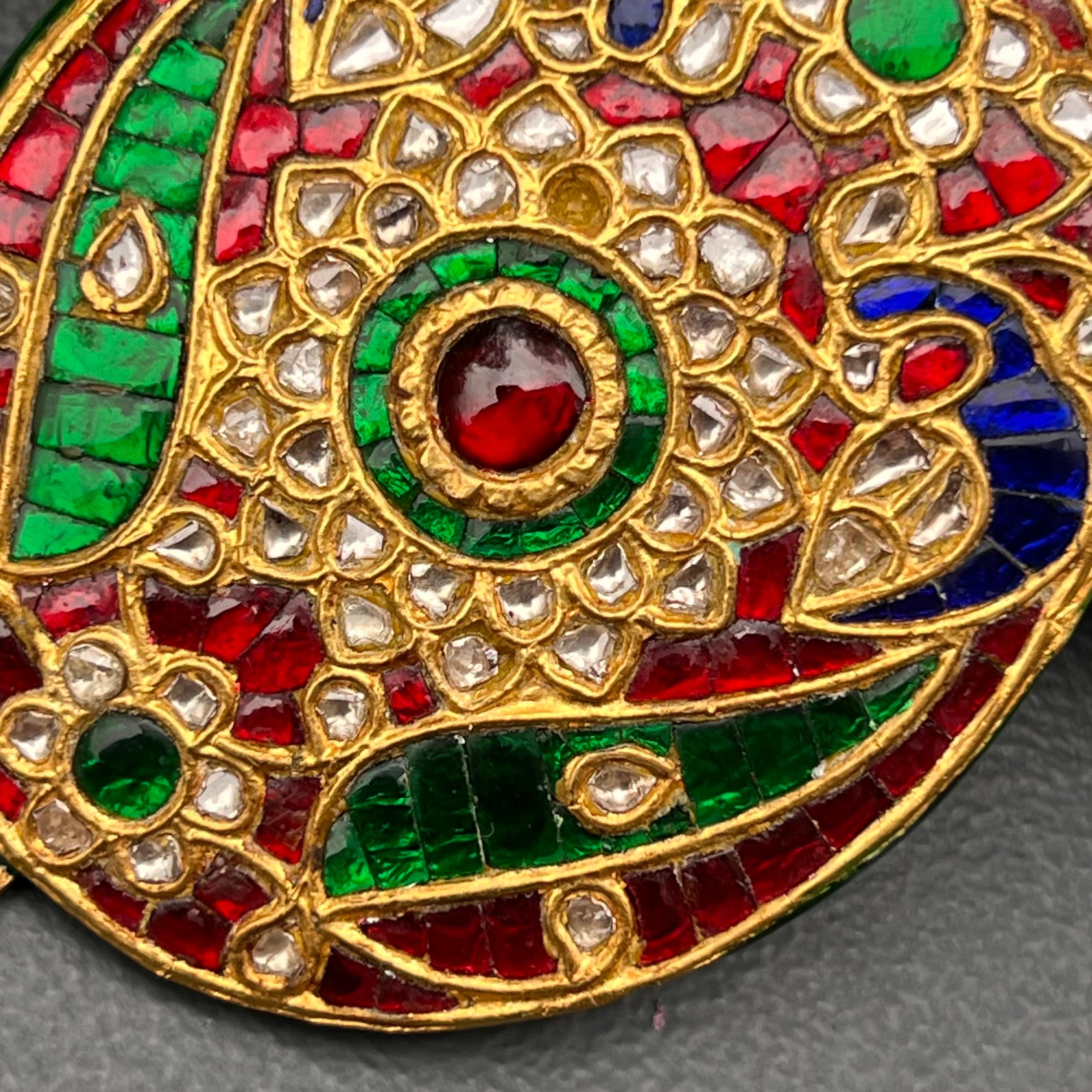 Fine Mughal Gold Ruby Emerald Sapphire  Diamond Pendant For Sale 5