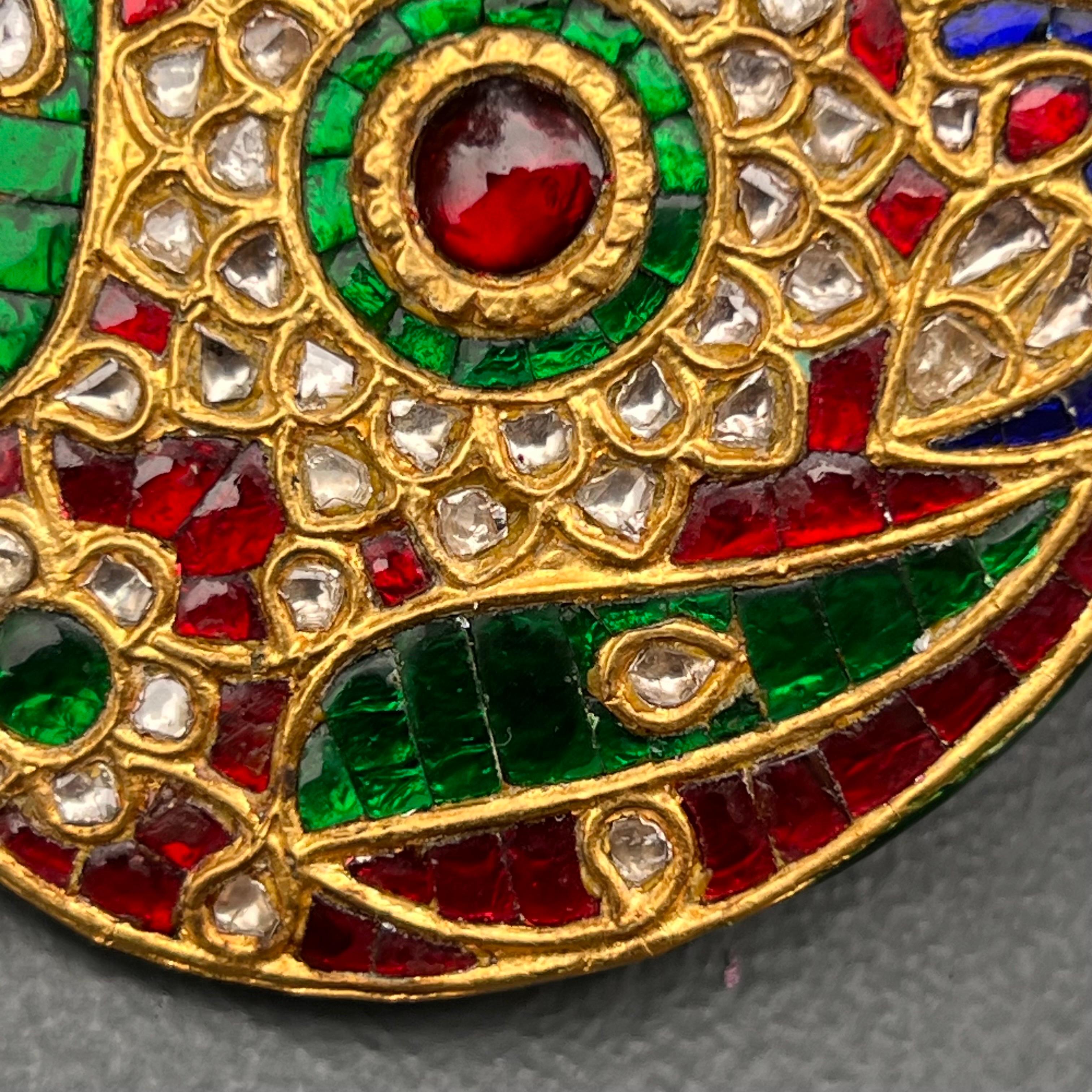 Fine Mughal Gold Ruby Emerald Sapphire  Diamond Pendant For Sale 6