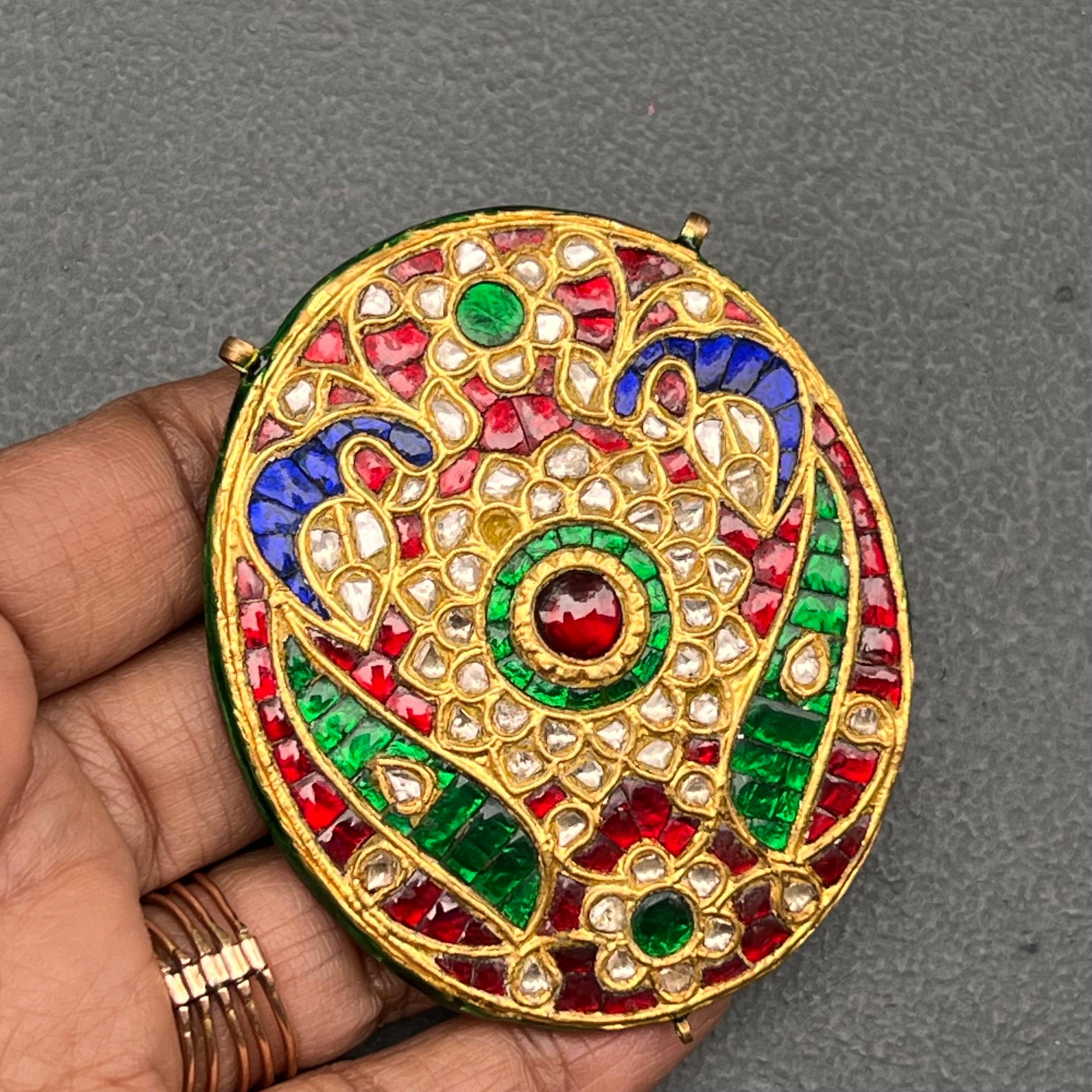 Fine Mughal Gold Ruby Emerald Sapphire  Diamond Pendant For Sale 7