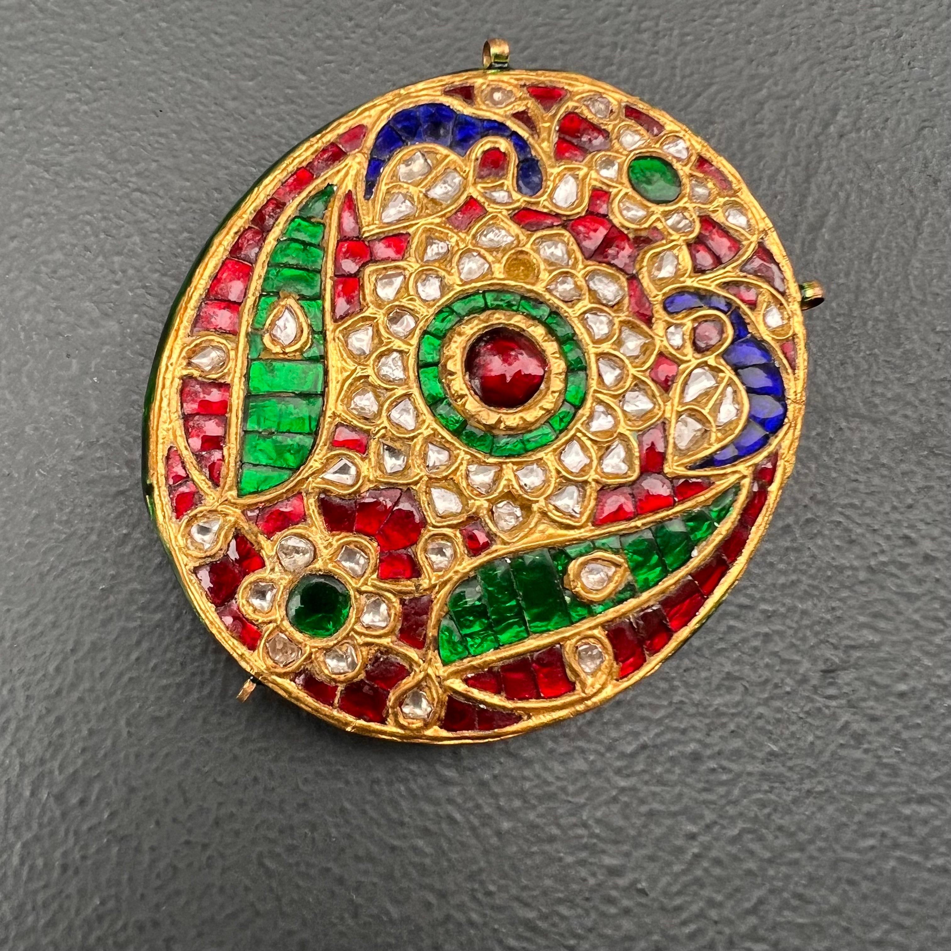FABULOUS LARGE vintage Mughal / Mogul 22kt yellow gold pendant with genuine irregular size rose cut diamonds ,emeralds , sapphires and ruby insert . Stones make a peacock design with floral motifs on front side . Pendant back is also very