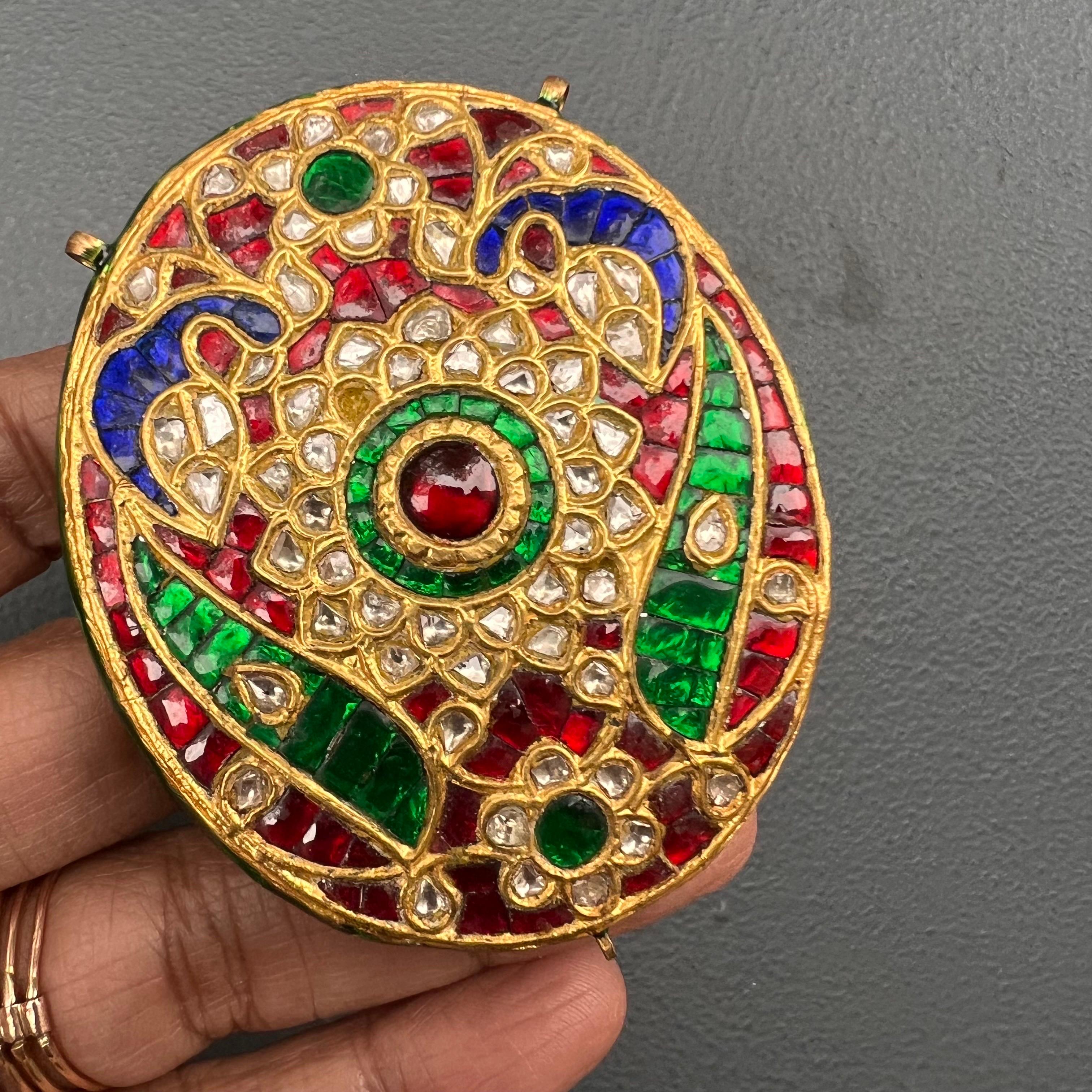 Artisan Fine Mughal Gold Ruby Emerald Sapphire  Diamond Pendant For Sale