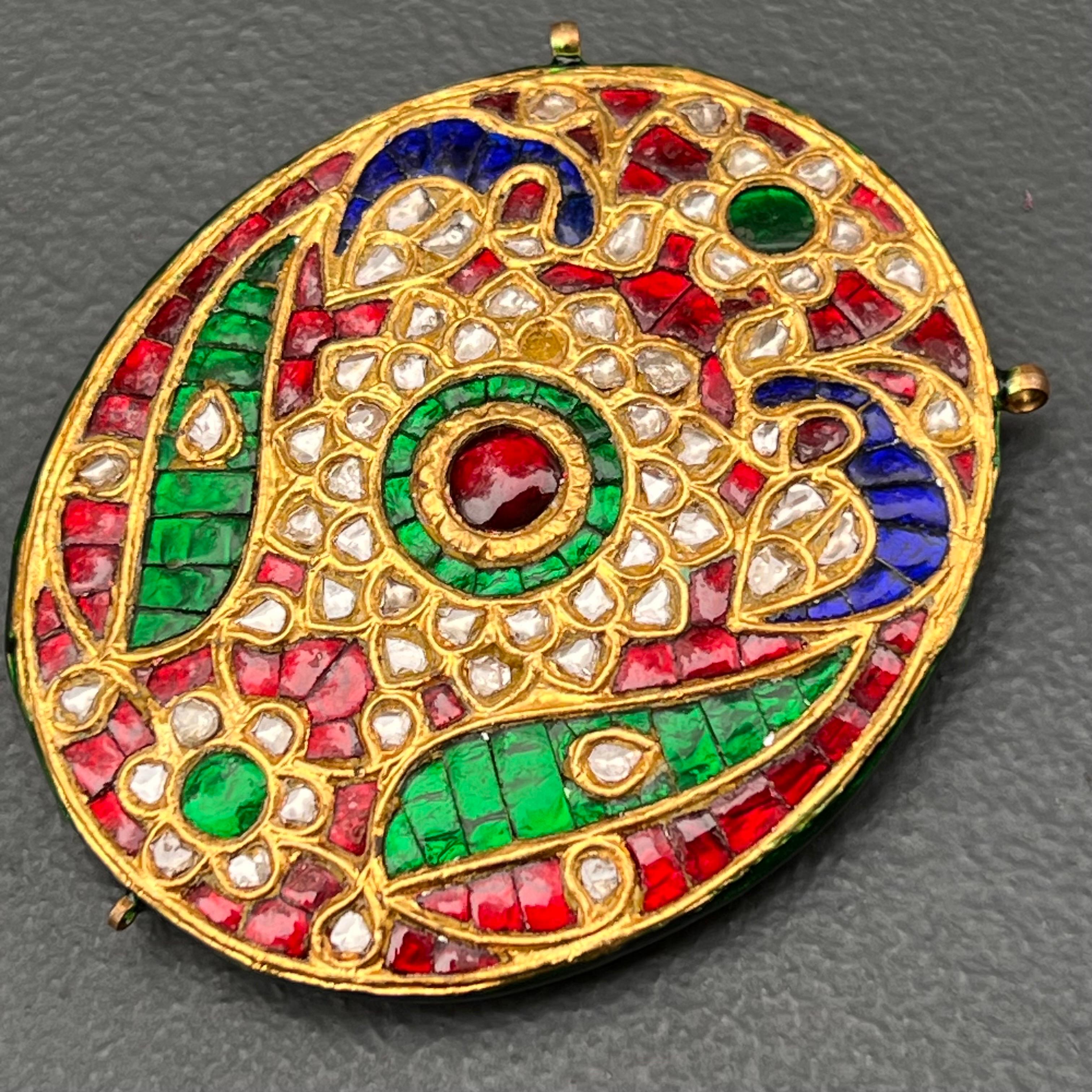 Fine Mughal Gold Ruby Emerald Sapphire  Diamond Pendant For Sale 1
