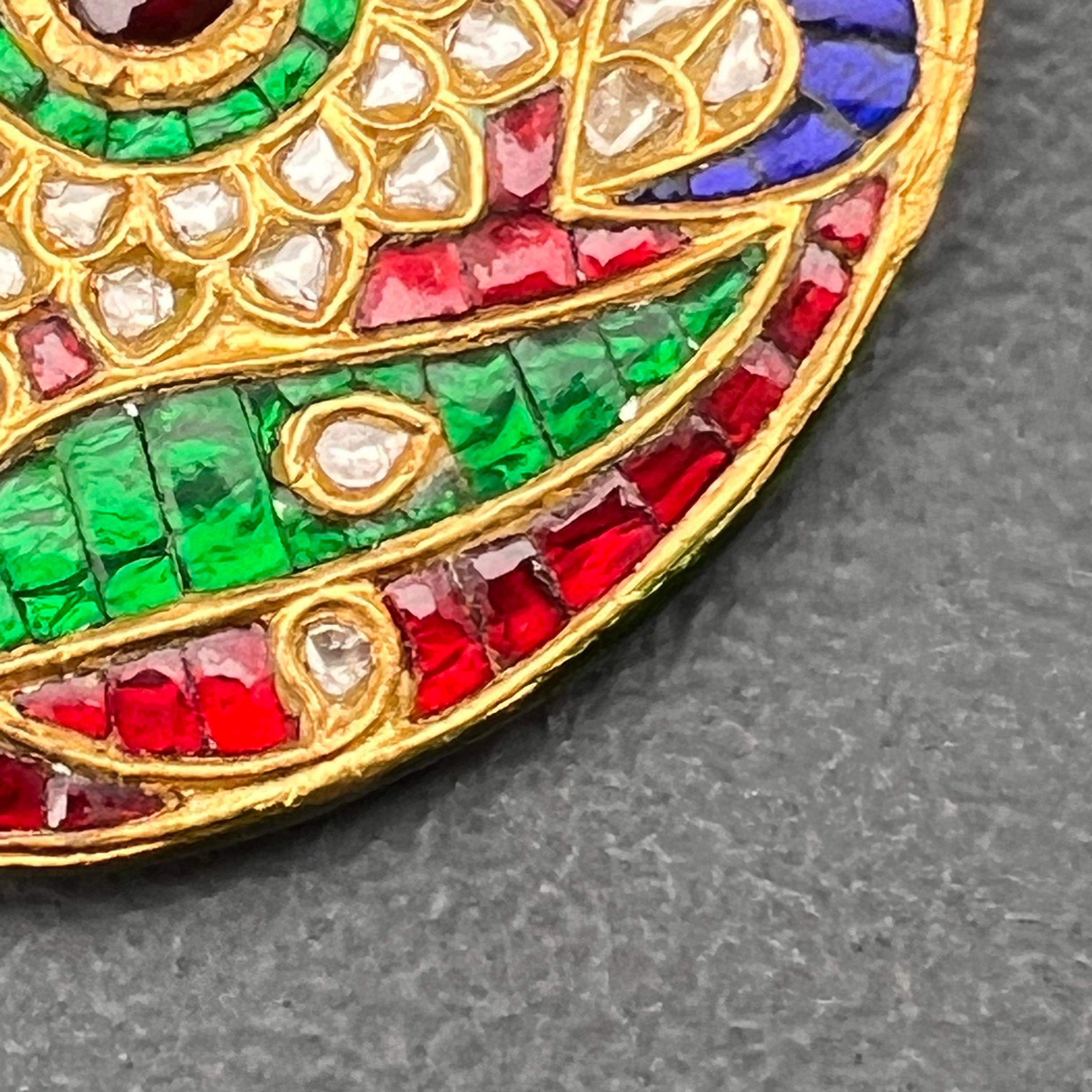 Fine Mughal Gold Ruby Emerald Sapphire  Diamond Pendant For Sale 2