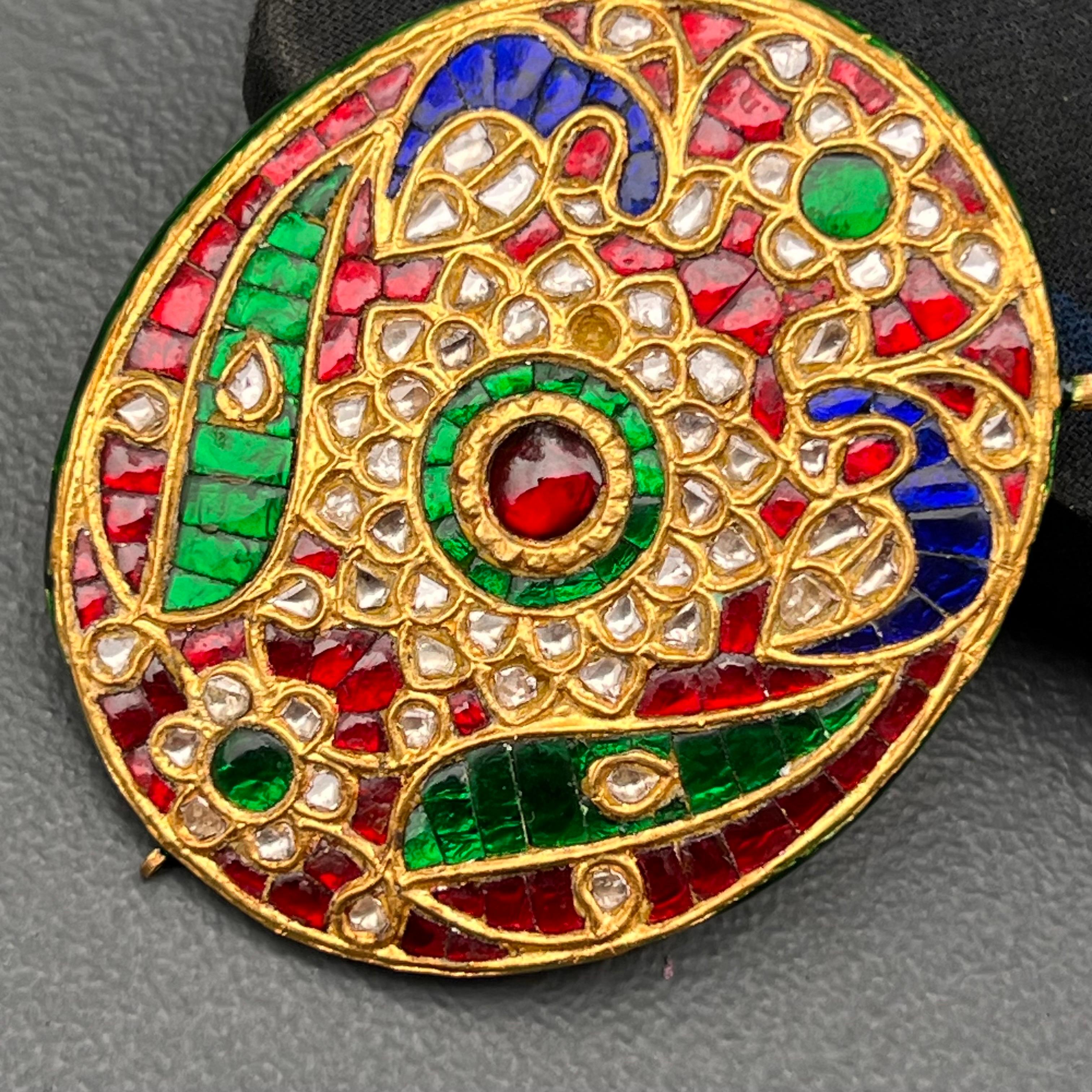 Fine Mughal Gold Ruby Emerald Sapphire  Diamond Pendant For Sale 4