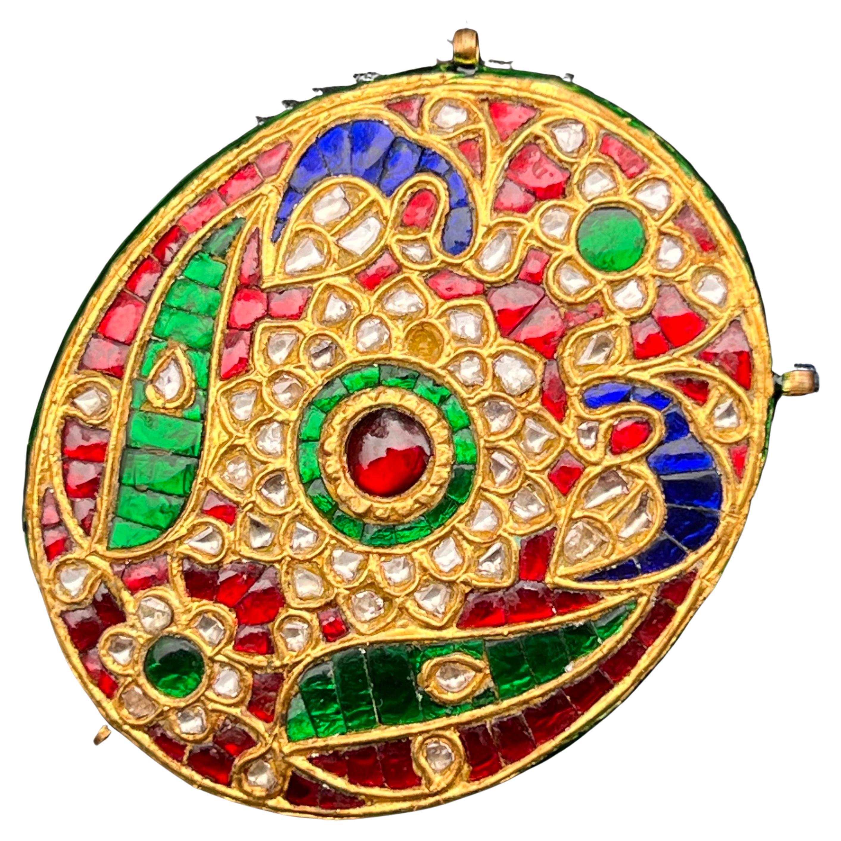 Fine Mughal Gold Ruby Emerald Sapphire  Diamond Pendant For Sale