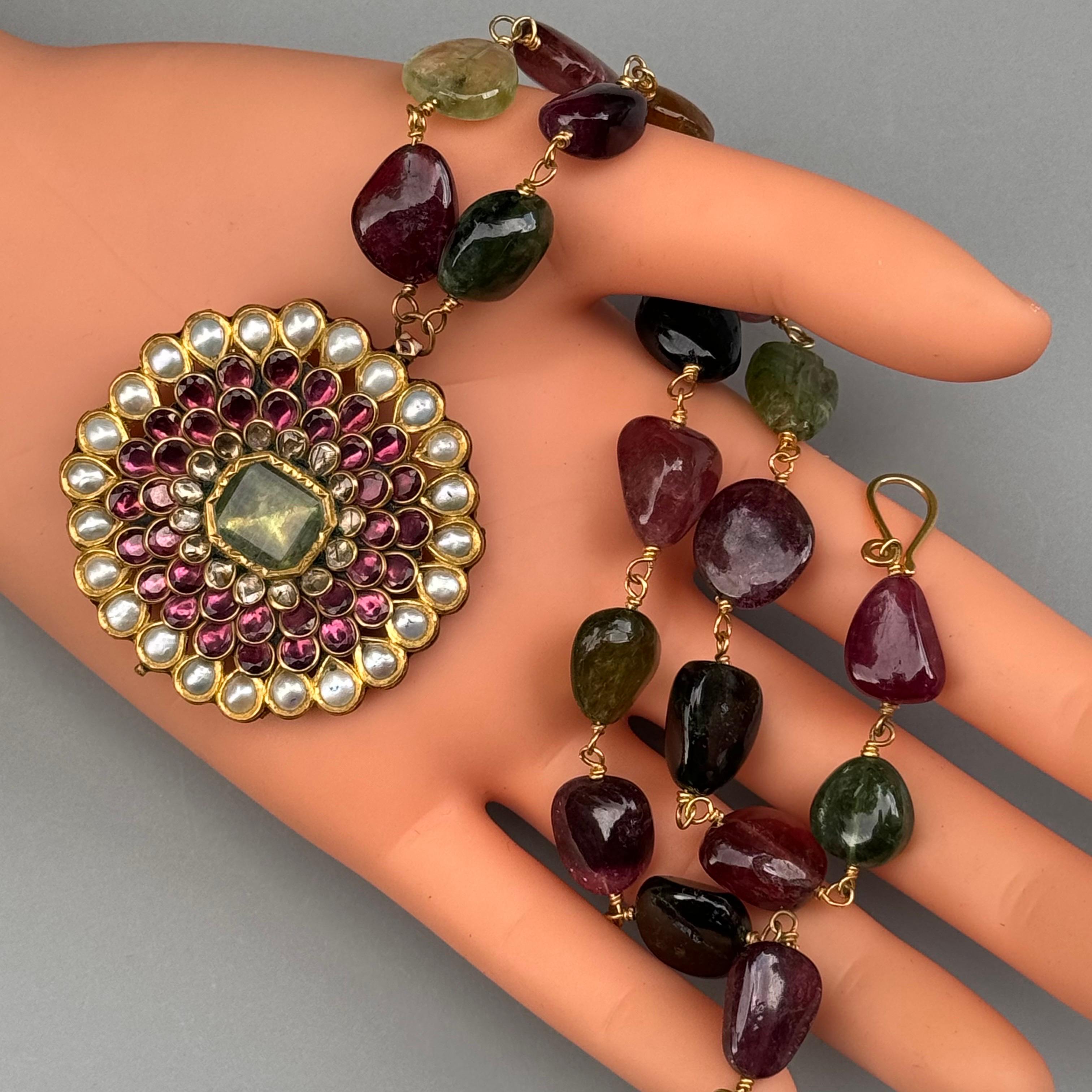Fine Mughal Indian Gold Tourmaline Pearl Diamond Pendant Necklace For Sale 7